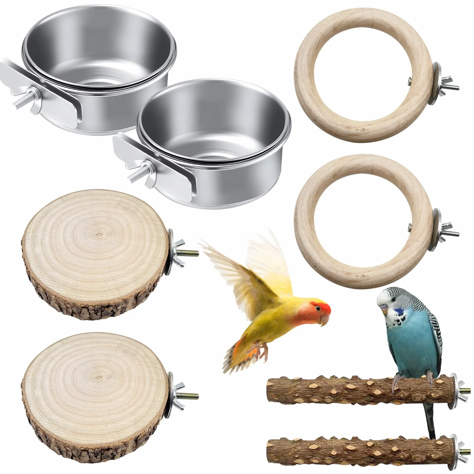 Set di 8 posatoi naturali per uccelli, in acciaio inox, per uccelli, per appendere il pappagallino, per uccelli, accessori per parrocchetti, canarini, agapornidi