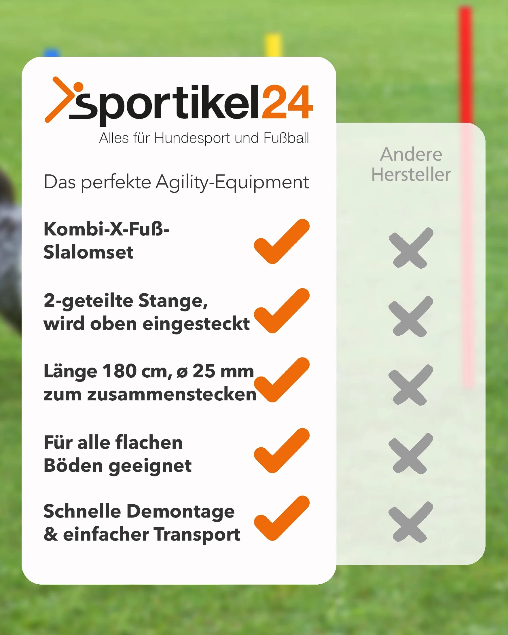 Supporto combinato X in plastica & asta slalom 180 cm – Set di 4 pezzi – Base riempibile – Asta per slalom & allenamento coordinazione – per calcio & sport cani – Slalom Set