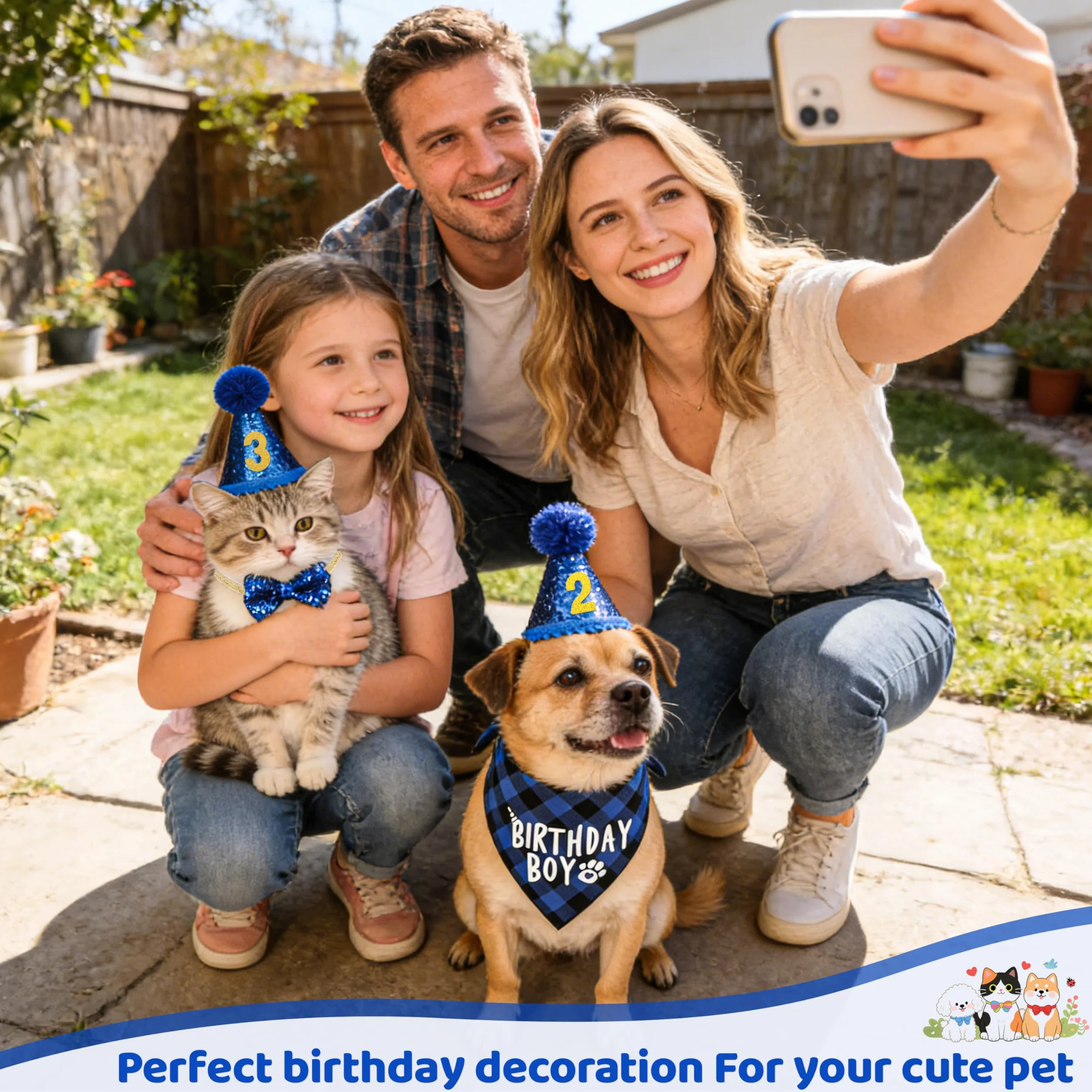 Set di Bandana Compleanno per Cani con Cappello e Pompon, Numeri Bling Adesivi 4 Pezzi Blu