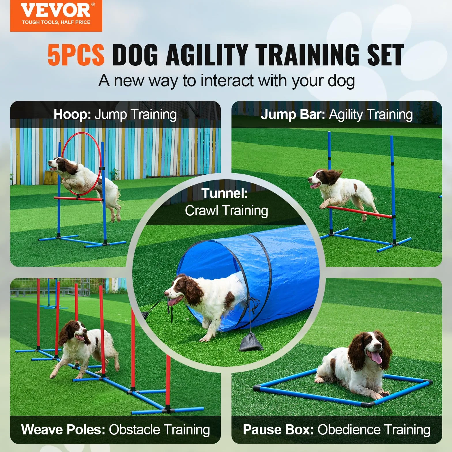 VEVOR Attrezzatura per Addestramento Agilità per Cani, Set 5 Pezzi, Percorso a Ostacoli per Cuccioli Altezza Regolabile, 6 Pali, Tunnel, Anello Salto, Scatola Pausa, Fischietto, Ciotola Pieghevole
