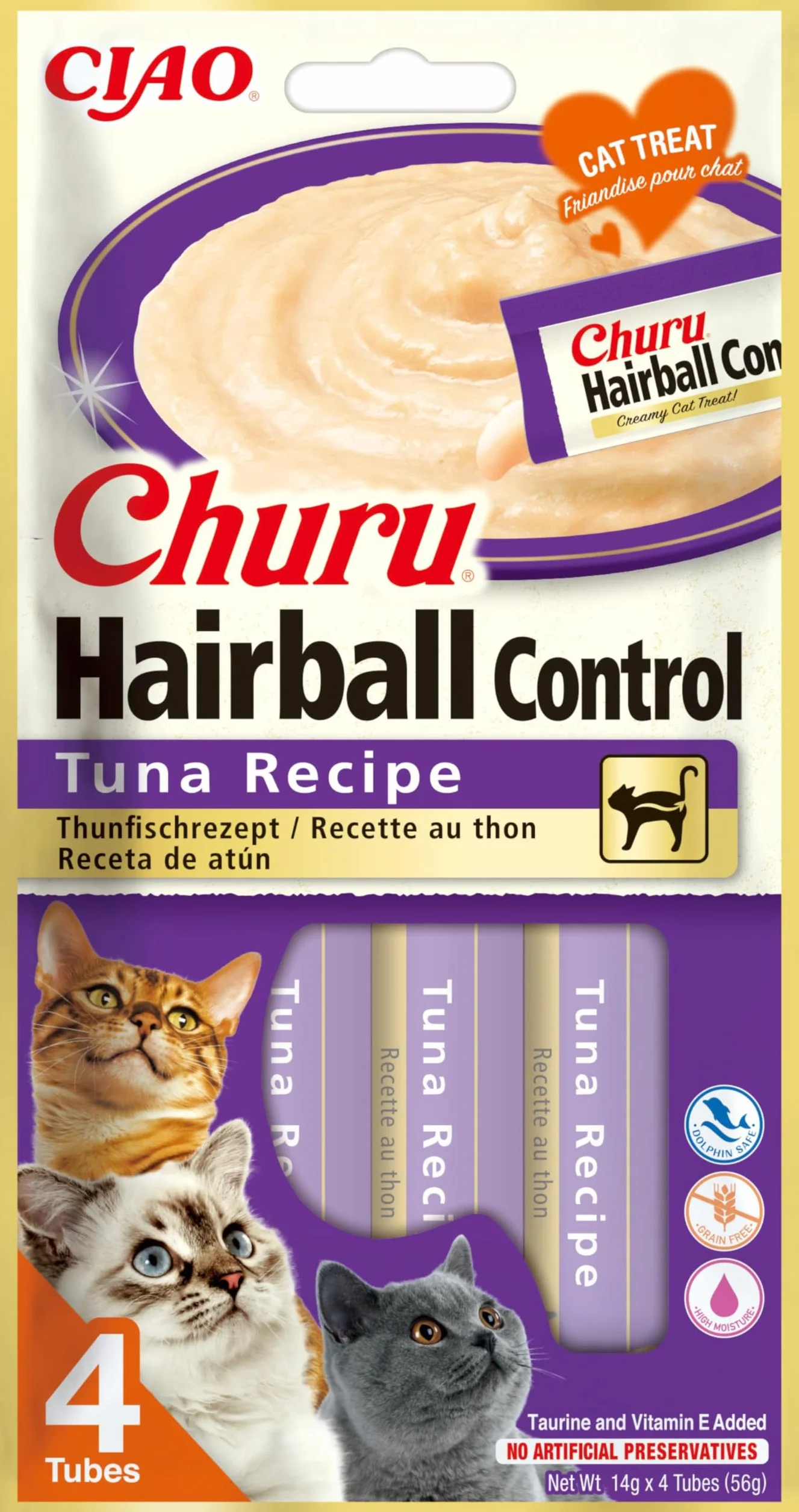 INABA Churu Hairball Snack Gatti Gusto Tonno, 4 Stick x 14g, Cibo per Gatti con Omega 3 e 6, Taurina e Vitamina E