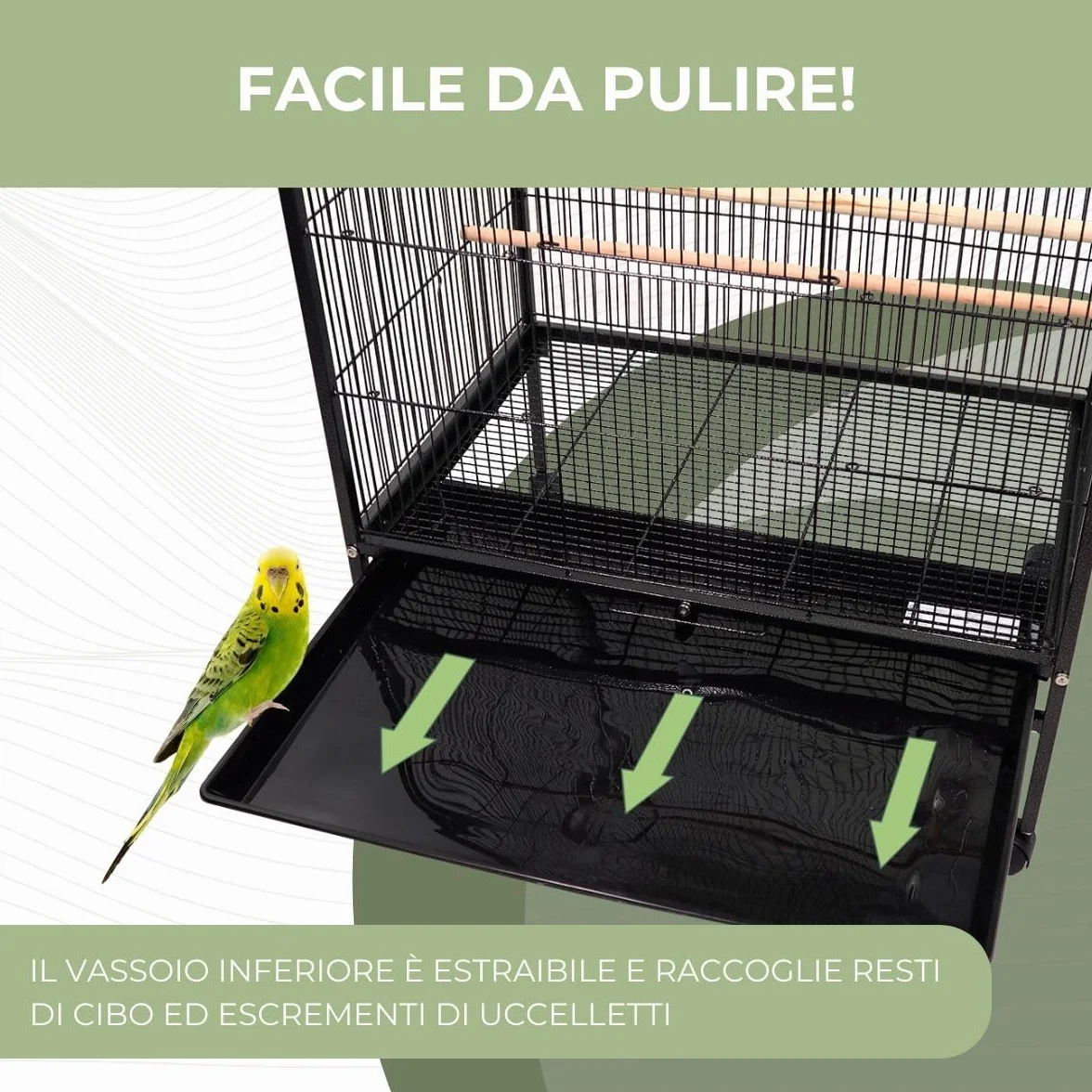 Mobiclinic®, Gabbia per Uccelli, XL, Ruote il Trasporto, Freni, Apertura superiore, Vassoio Rimovibile, 8 Porte, Grandi dimensioni, 95x43x61,5 cm, Mangiatoie, Abbeveratoi, Posatoi, Ninfa