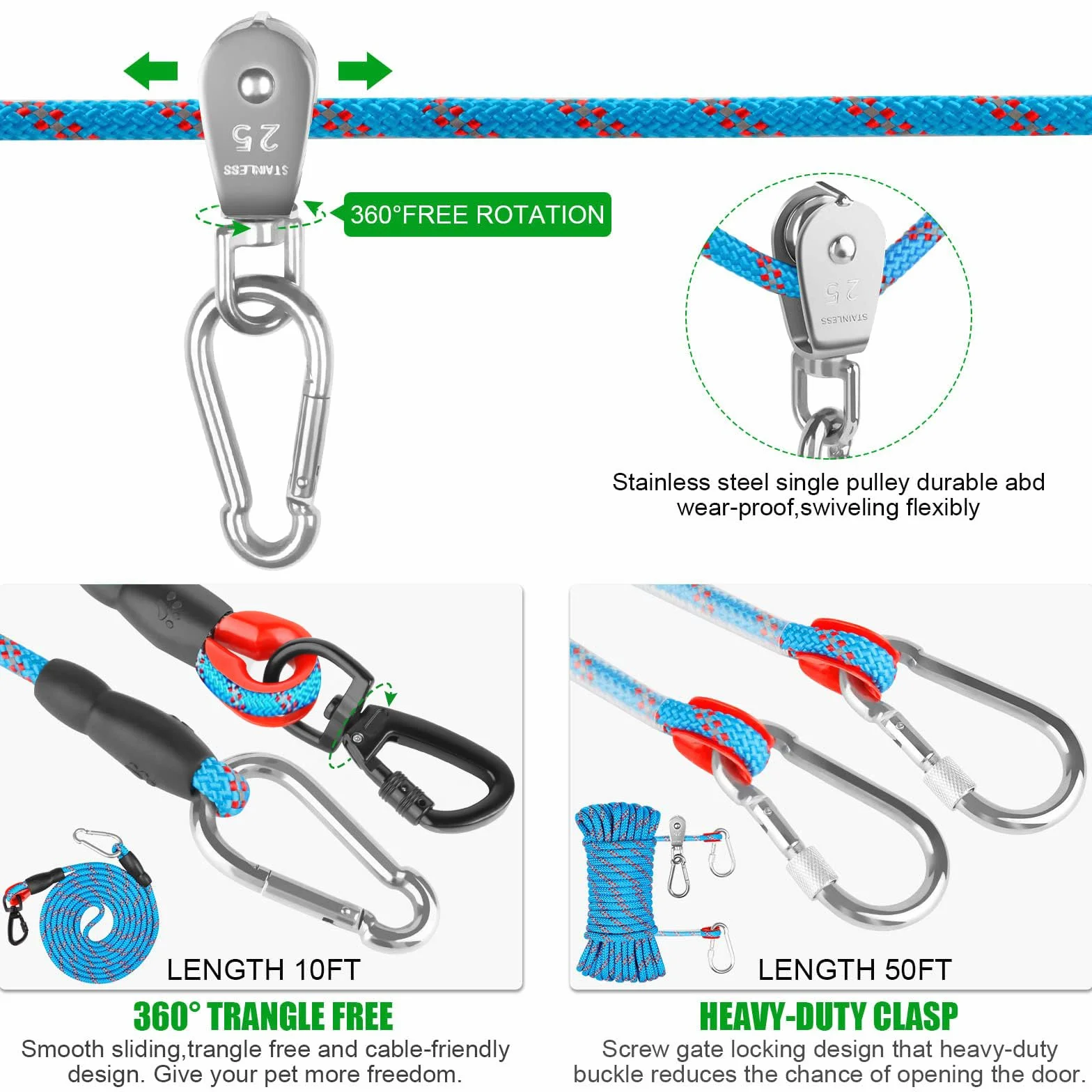 Cavo per cani da campeggio, 15,2 m, portatile, con guinzaglio da 3 m, per cani fino a 90,7 kg, linea di guinzaglio riflettente portatile per cantiere, parco e esterni (blu)