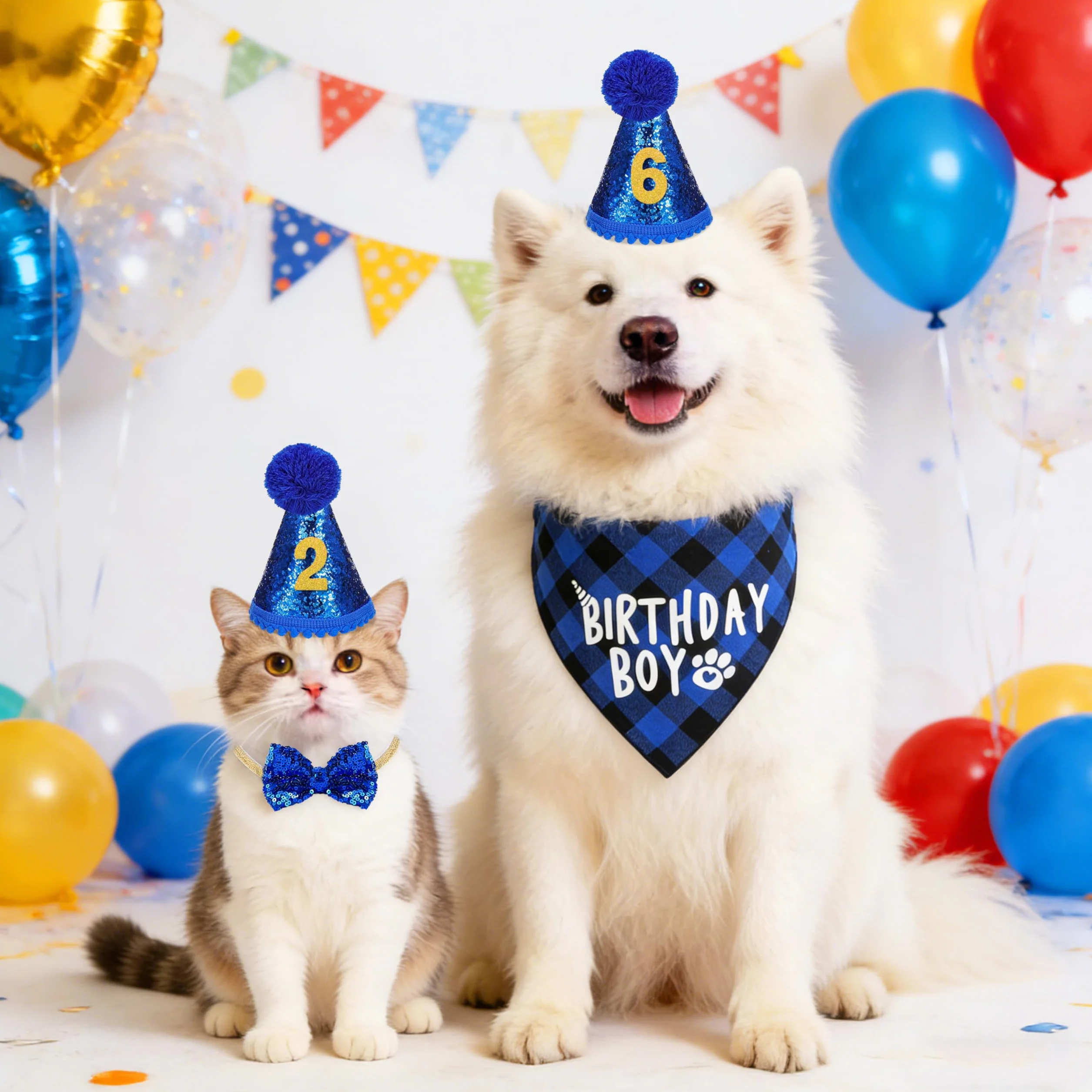 Set di Bandana Compleanno per Cani con Cappello e Pompon, Numeri Bling Adesivi 4 Pezzi Blu