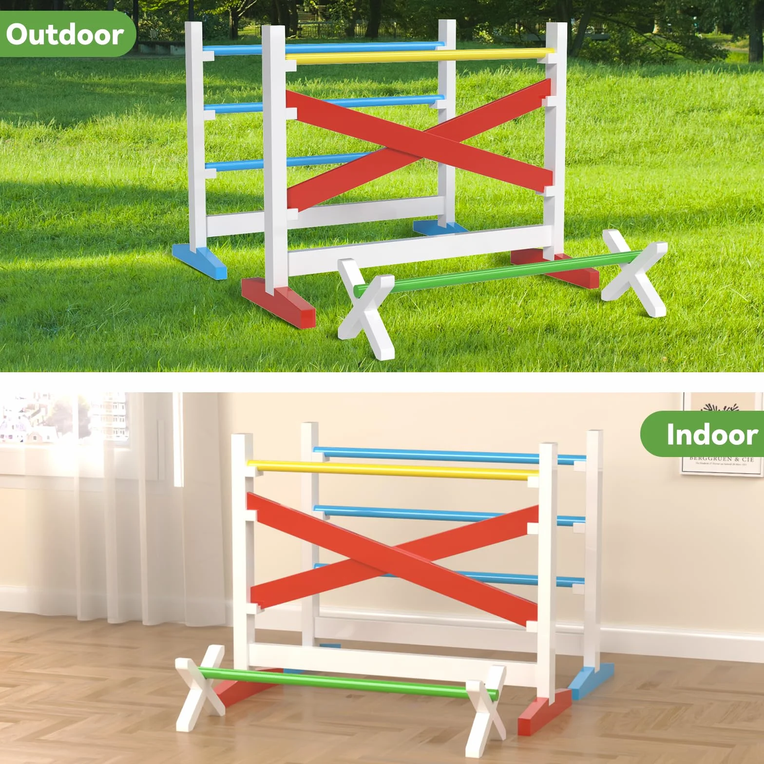 Hobby Horse Ostacoli – Set di 2 salti + 1 ostacolo, regolabile in altezza, stabile, per giardino, sala giochi e hobby Horse Training