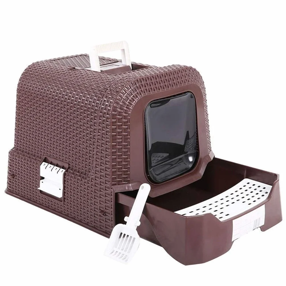 Toilette per Animali Domestici Pet Supplies Rattan Stile Completamente recintato Cat igienici Grande lettiera del Gatto Grande Potty Pet Supplies Chiusa Lettiera per Animali Domestici(Bruin)