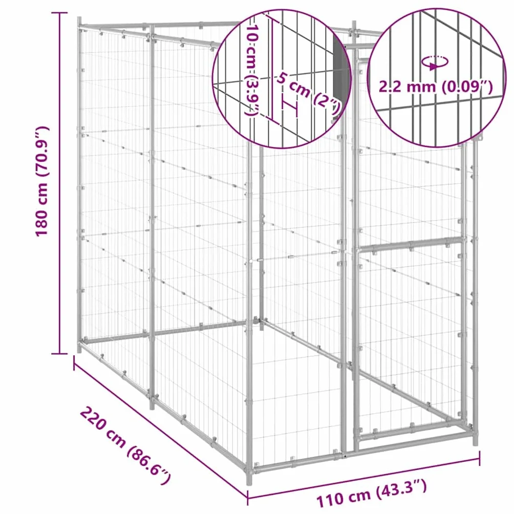 vidaXL Gabbia per Cani da Esterno in Acciaio Zincato 110x220x180 cm