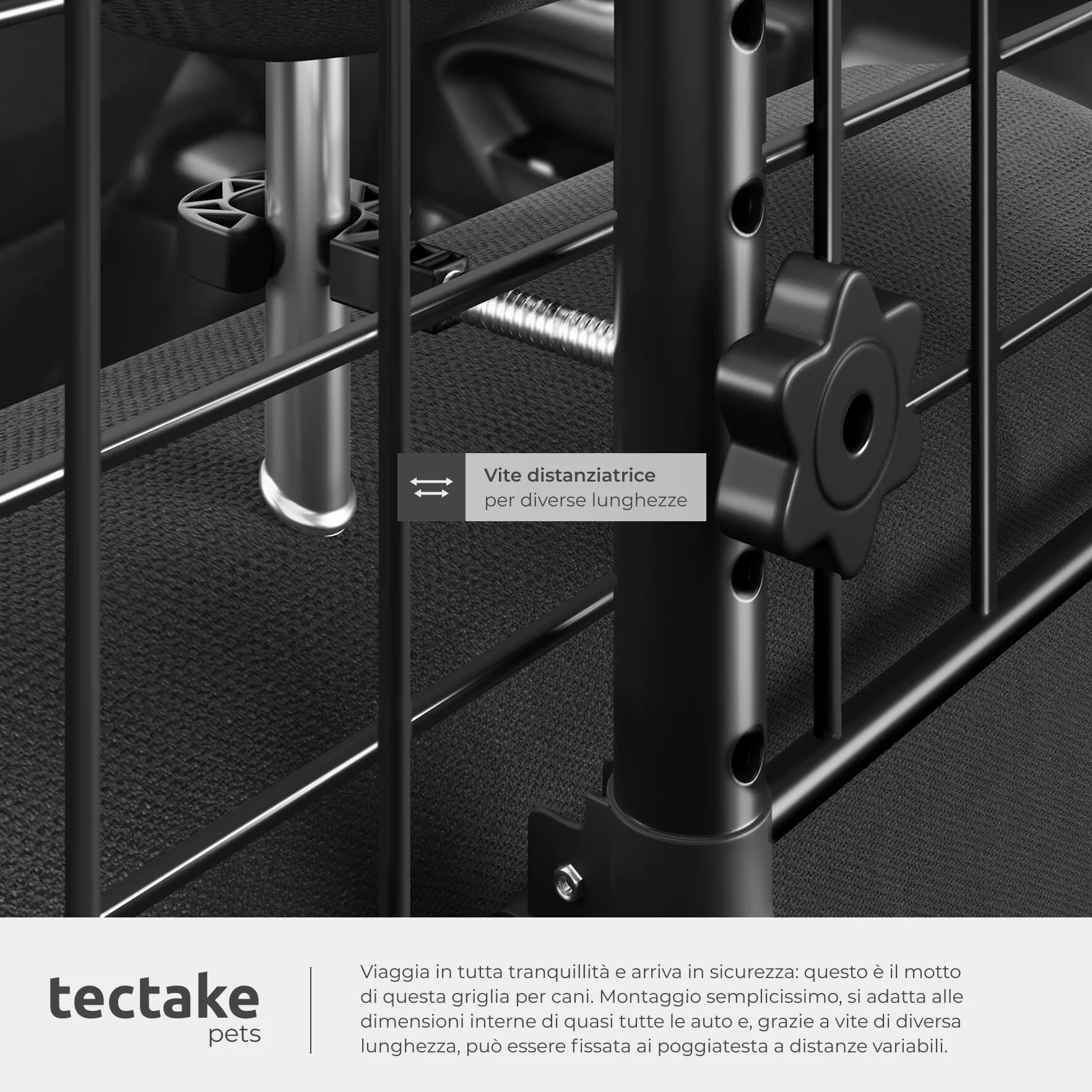 tectake® Griglia di Protezione per Cani Universale in Acciaio, Divisorio di Sicurezza per Cani Regolabile in Larghezza 91,5–154 cm, Rete Auto per Cani Universale con Sistema ad Incastro e 2 Cinture