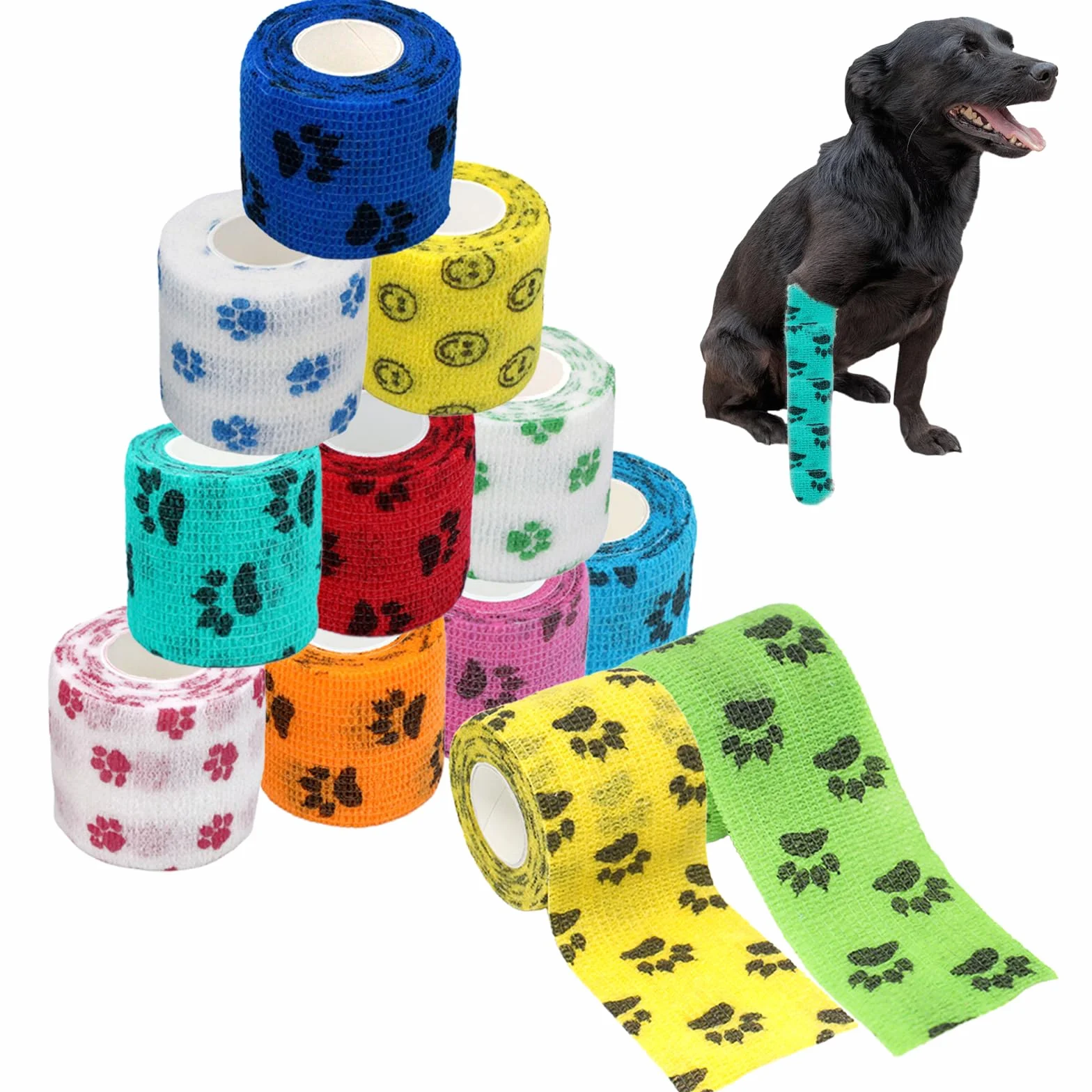 Benda autoadesiva per Animali Domestici, 12 Rotoli Bendaggio Coesivo Adesivo Bende Non Tessuto, Comodo e Traspirante, Coloratocon Benda Motivo Zampe Benda per Persone e Animali (5 cm x 4,5 m)