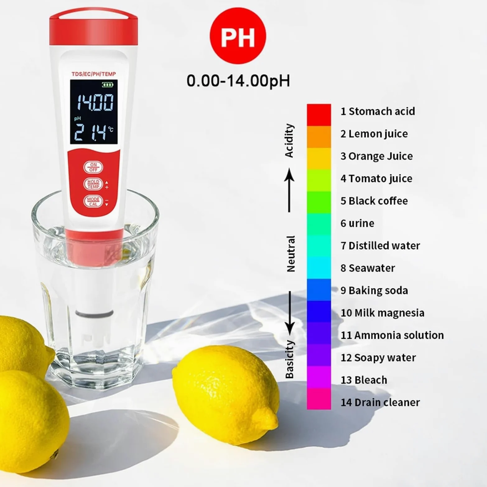 Tester dell'Acqua, Misuratore di PH Digitale Impermeabile 4 in 1, misuratore di PH, Temperatura, TDS, EC, Tester di qualità Acqua, Penna for Test di purezza Acqua for Piscine e acquacoltura