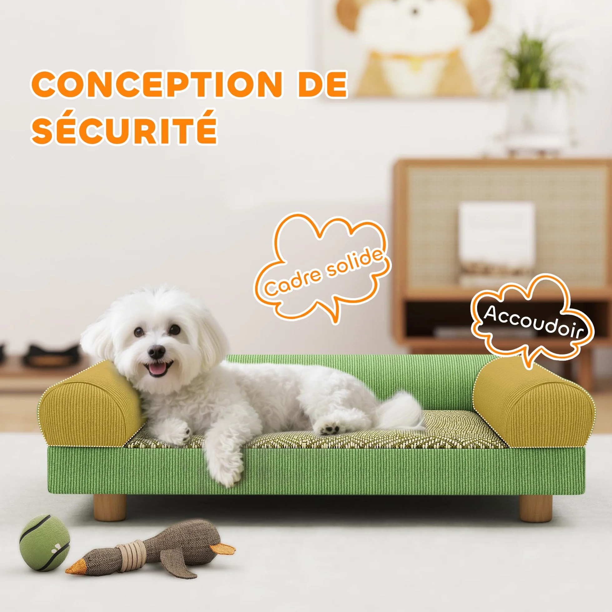 PawHut Divano per cani gatto Letto rialzato per cani con seduta in moquette fresca, braccioli e piedi, in morbido velluto, per animali domestici fino a 5 kg, 63 x 41 x 17 cm, verde