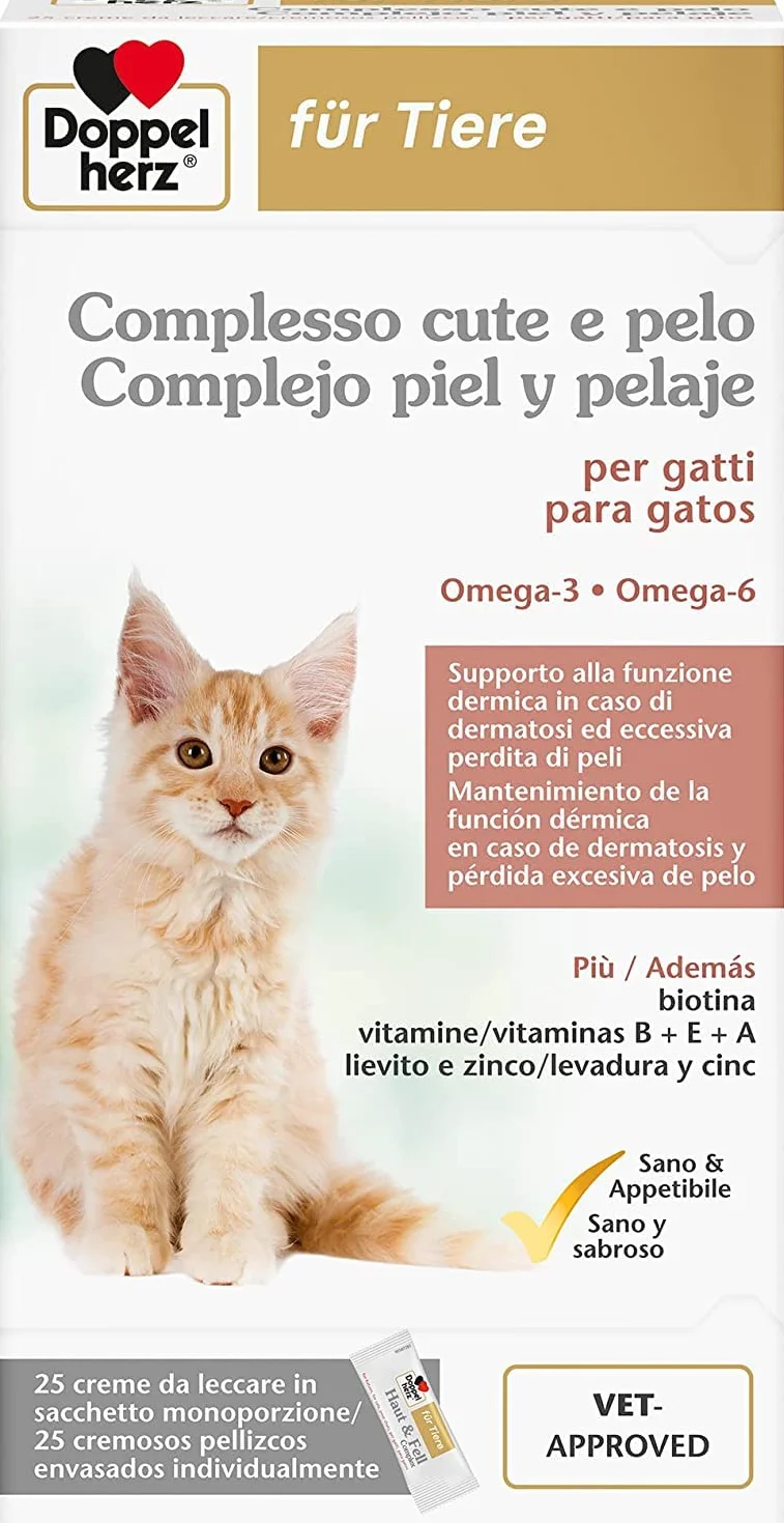 Doppelherz Complesso Cute e Pelo per Gatti, Supporto alla Funzione Dermica in Caso di Dermatosi ed Eccessiva Perdita di Peli, omega-3+6, biotina, vitamine B+E+A, 25 Creme da Leccare