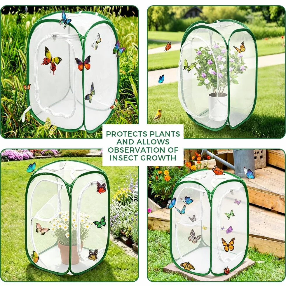 Gabbia per Insetti e Farfalle, 40×40×60 cm Gabbia per Farfalle Pieghevole, Gabbia per Habitat Farfalla con Cerniera e Maniglia, Gabbia per Insetti Portatile Pop-up per Piante, Insetti