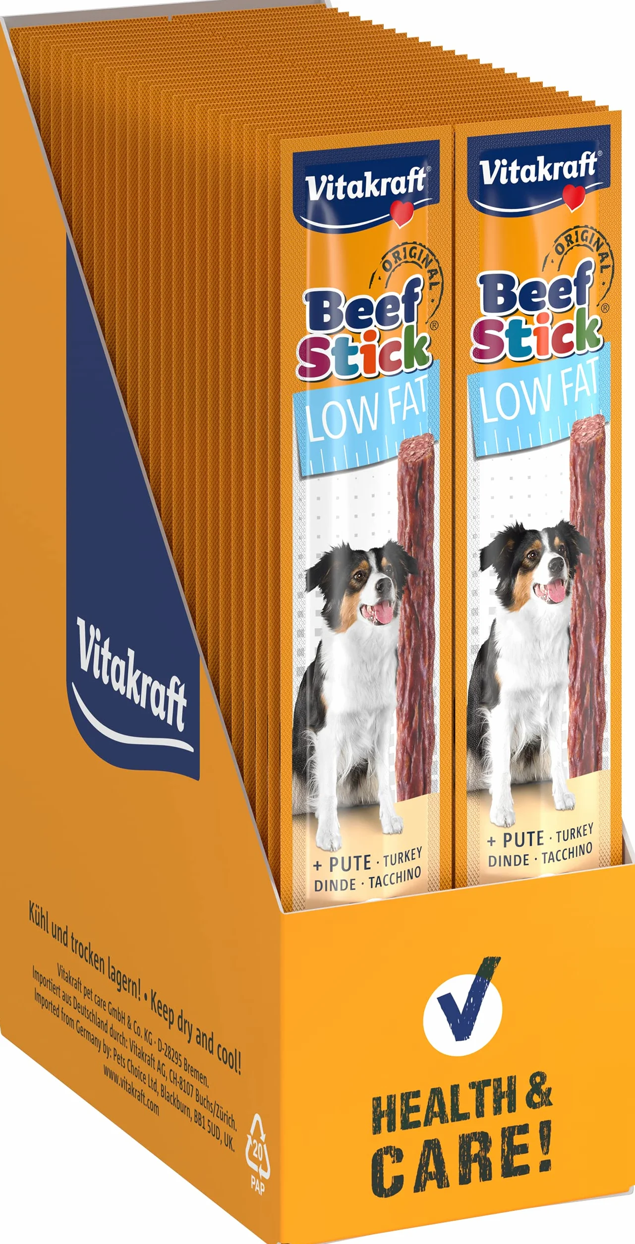 Vitakraft Beef Stick Low Fat, snack cane, bastoncino di carne di tacchino, snack per l’addestramento del cane, per cani con problemi di peso, senza zuccheri aggiunti (50x 12g)