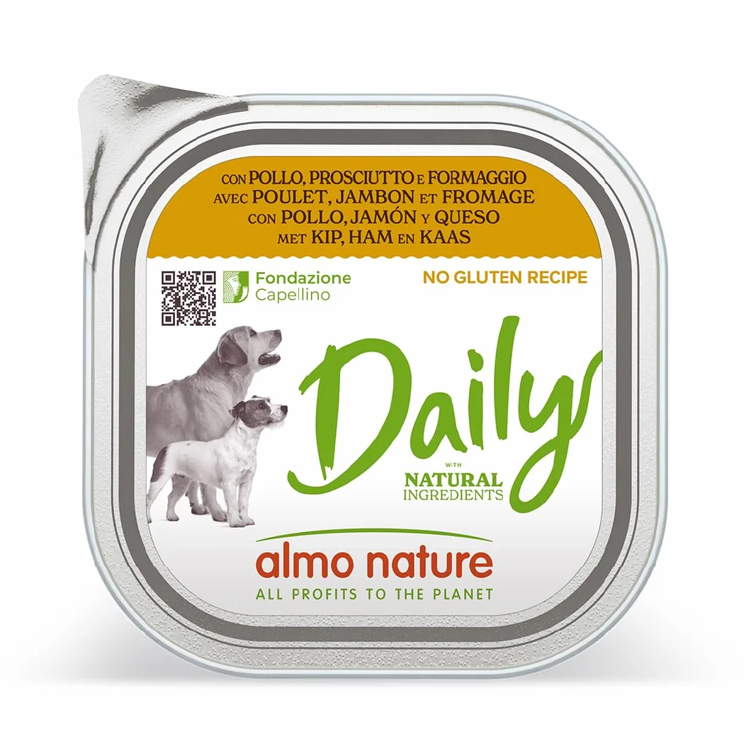 almo nature Daily con Pollo, Prosciutto & Formaggio - Ricetta Senza Glutine - Cibo Umido per Cani Adulti - Pacco da 9 x 300 g