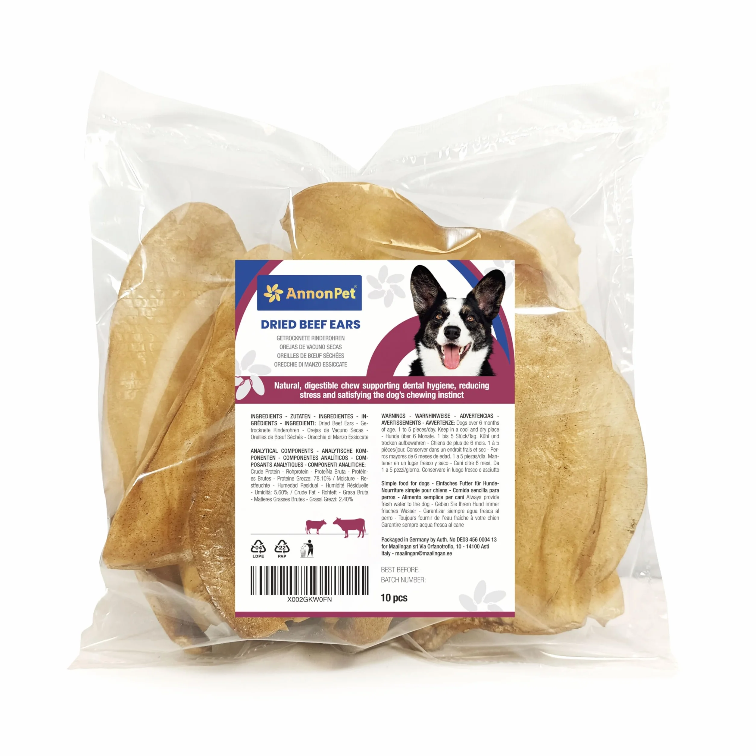 10 Orecchie di Manzo Essiccate per Cani – Snack Naturale e Masticativo ad Alta Digeribilità – Ricche di Proteine, Senza Additivi – Ideali per Igiene Dentale, Antistress