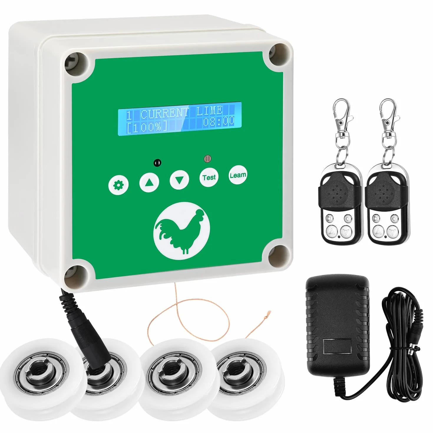 Apriporta Automatico per Pollai con Timer & 2 Telecomandi, Sistema di Sollevamento Porta per Pollame IP65 Impermeabile ad Alimentazione a Batteria o Solare