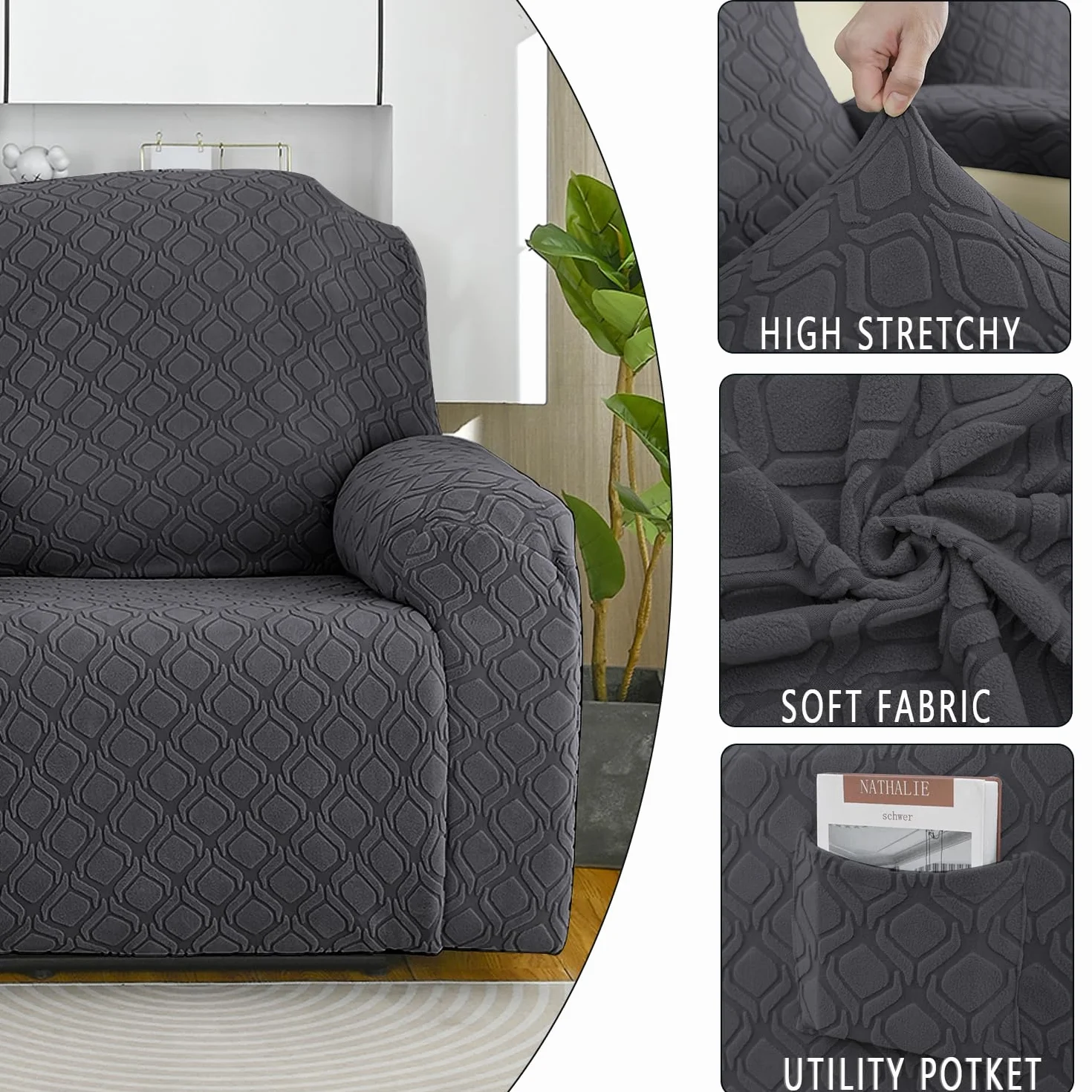 OKYUK Fodera per Poltrona Relax 3 Posti, Alta Elasticità e Antimacchia, Protezione da Animali e Bambini, Copertura Antiscivolo con Tasche, Estraibile e Lavabile (grigio scuro, 3 posti)