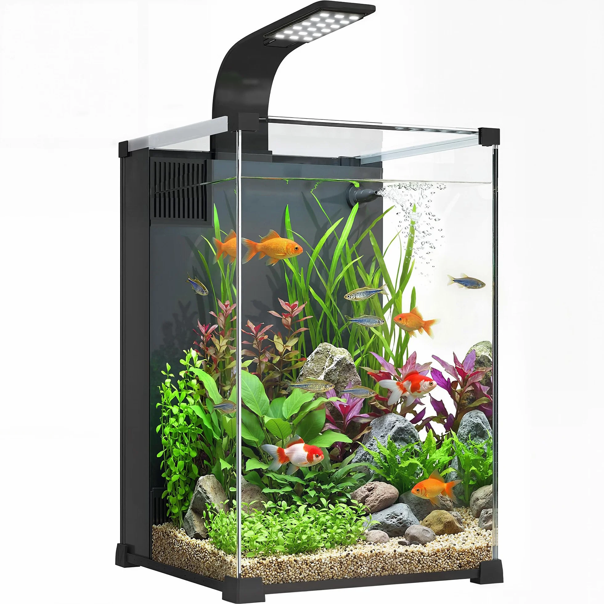 PawHut Acquario in Vetro Temperato 36L, Acquario Completo Piccolo Trasparente con Filtro Integrato, Luce LED e Pompa dell'Acqua per Pesci Tropicali, Pesci Rossi, Casa, Ufficio, 30x30x45.5 cm, Nero