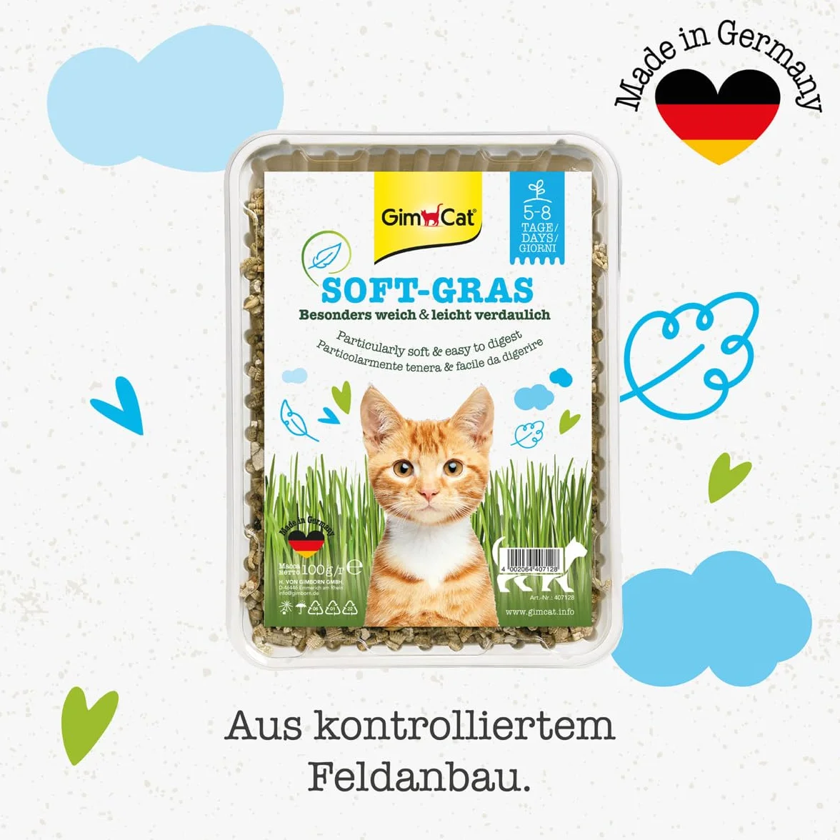 GimCat Soft-Gras, Erba per gatti tenera e ricca di vitamine con coltivazione rapida in soli 5-8 giorni, 1 vaschetta, 1 x 100 g