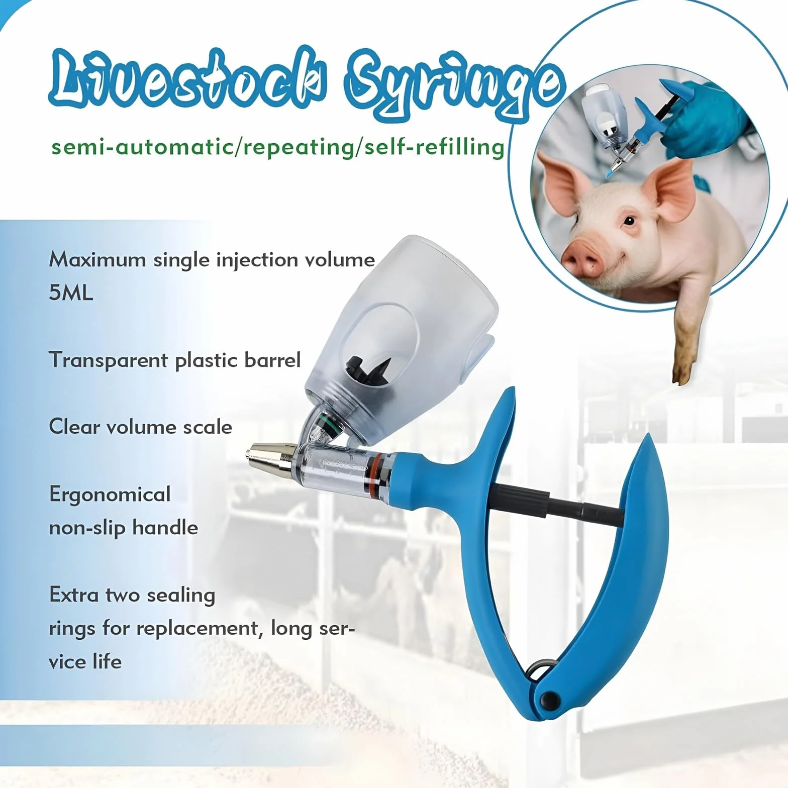 Siringa Veterinaria Continua, Pistola Iniettatrice di Precisione Continua a Dose Fissa Regolabile da 2 ml/5 ml/10 ml per Pollame da Allevamento(E,5ML)