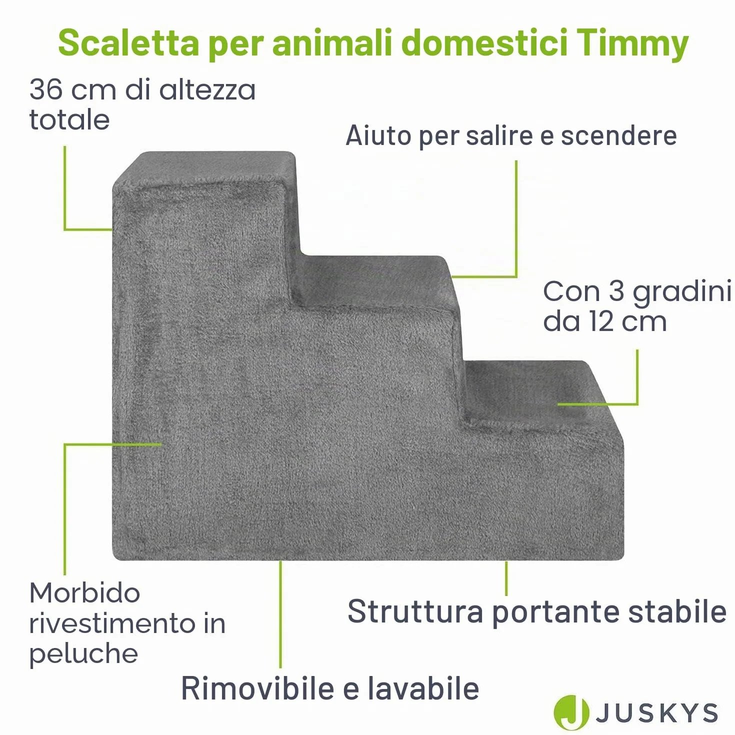 Scaletta per animali Juskys, 36 cm, a 3 gradini con peluche lavabile, per cani e gatti, ideale per letto, divano, sofà e auto - Rivestimento grigio