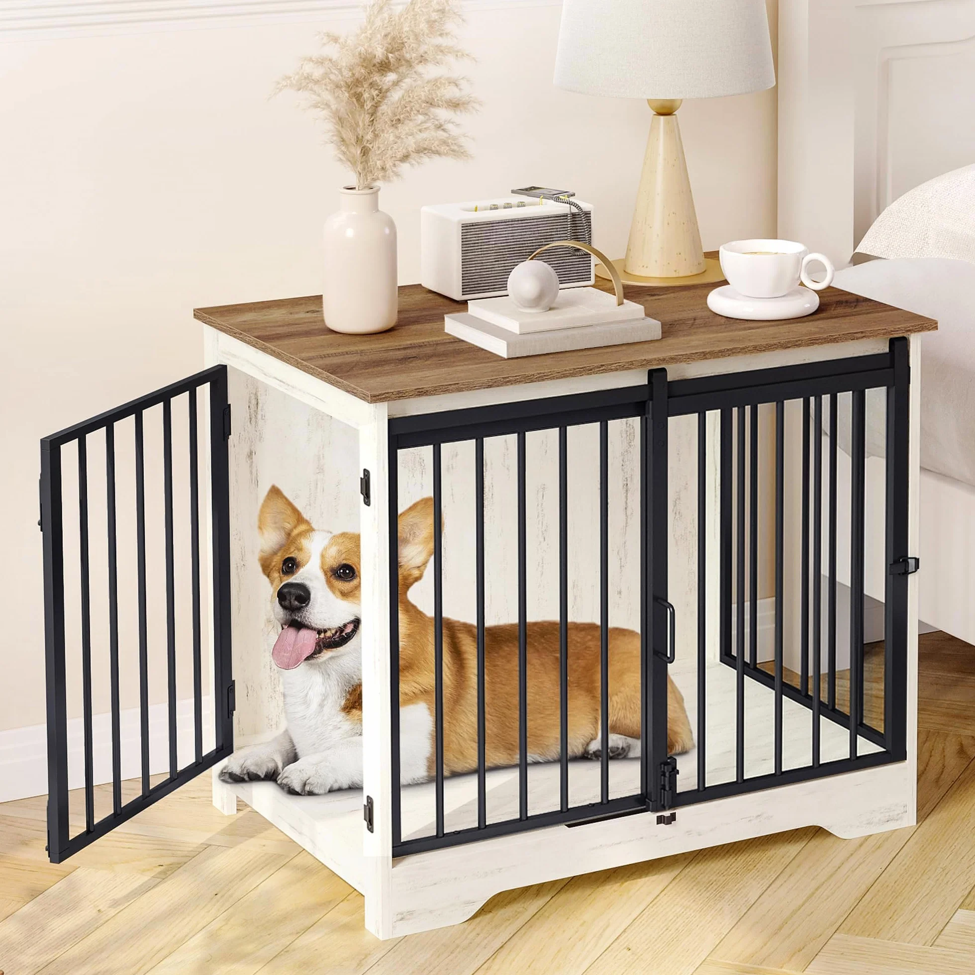 Hzuaneri 81cm Gabbia per Cani, Tavolo Supplemento, Nicchia Moderna per Cani, Gabbia per Cuccioli, Casetta per Animali, 2 porte, 55 x 81 x 67,5 cm, Bianco e Marrone DFC83614B