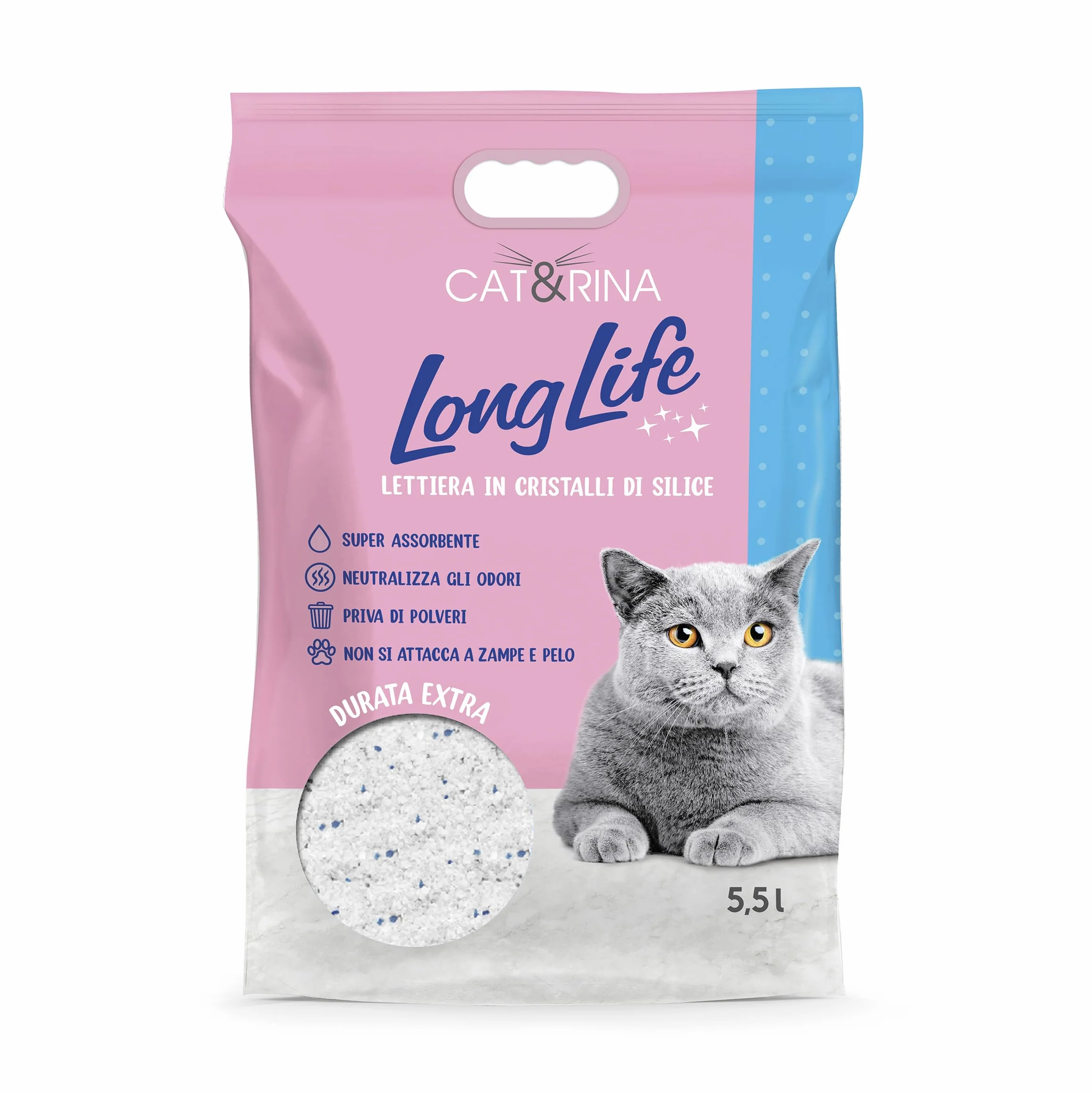Cat&Rina Long Life Lettiera per Gatti ai Cristalli di Silicio Super Assorbente. Sabbia Priva di Polvere e Sicura fino a 30 giorni di utilizzo. Anti Odore,Profumazione Classica. Confezione da 5.5l
