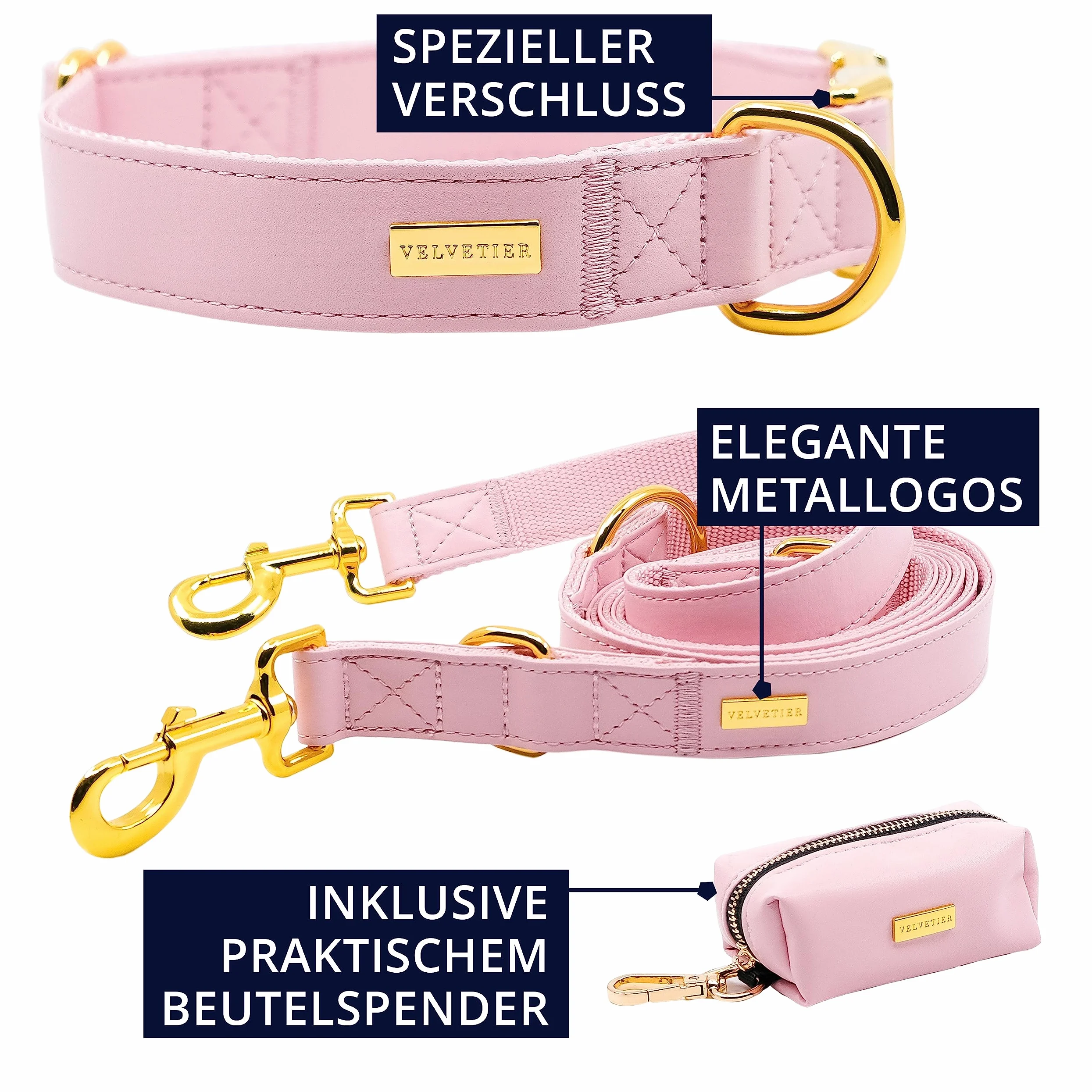 Rose | Collare per cani in set con guinzaglio e dispenser di sacchetti, in pelle vegana, collari per cani, guinzaglio per cani | 2 m, guinzaglio per cani con collare (M/L: 39-59 cm)