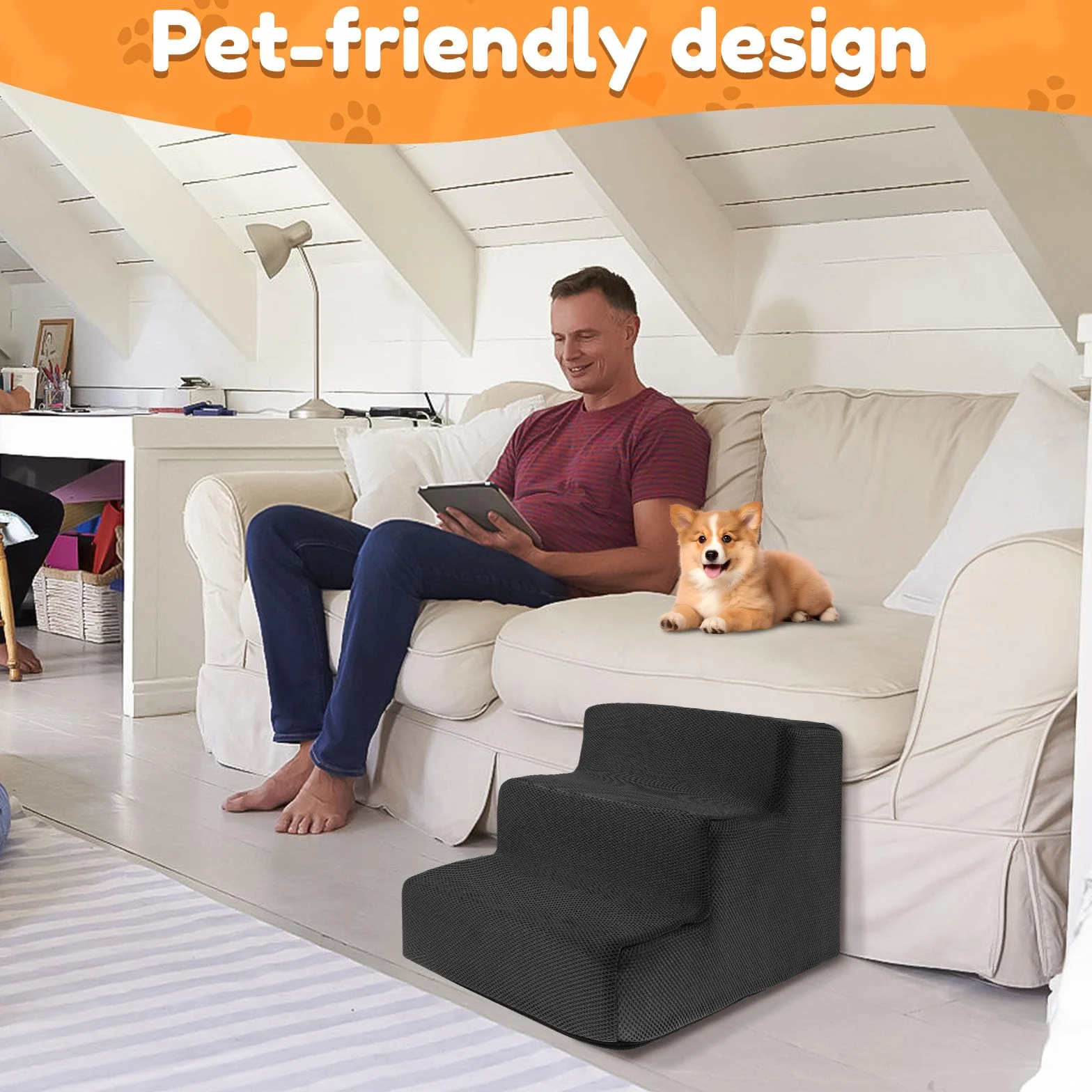 NIHUIFDPY, Gradini per Cani per Letto 34x40x30cm, Scalini per Cani a 3 Gradini in Schiuma ad Alta Densità con Copertura Staccabile e Fondo Antiscivolo, Scale per Animali Domestici Lavabili per Divano