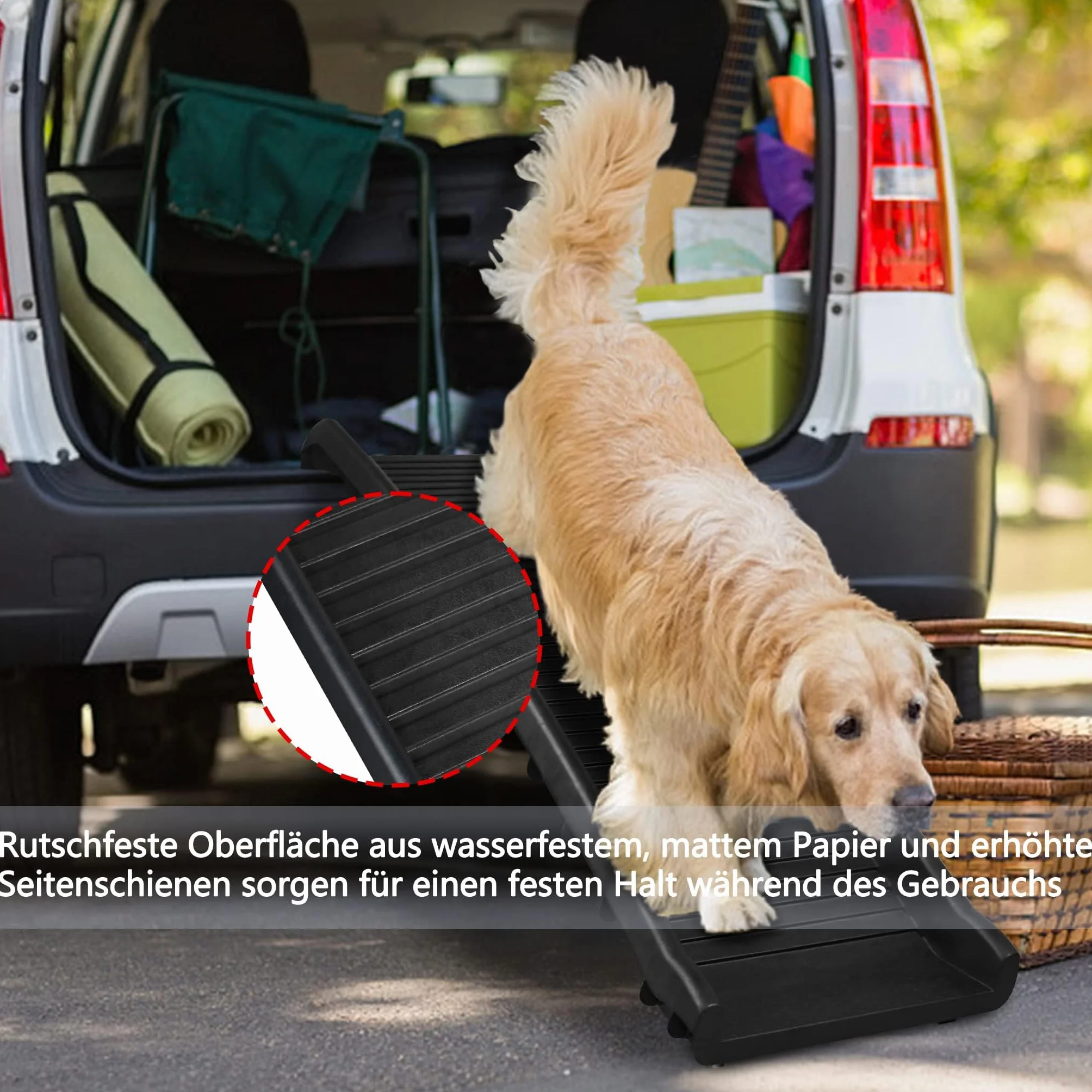 Aufun Rampa per Cani Pieghevole in Plastica per Bagagliaio per Auto Rampa per Animali Domestici Ingresso, Passerella Antiscivolo con Tampone in Gomma Fino a 90 kg, 156 x 40 cm Nero