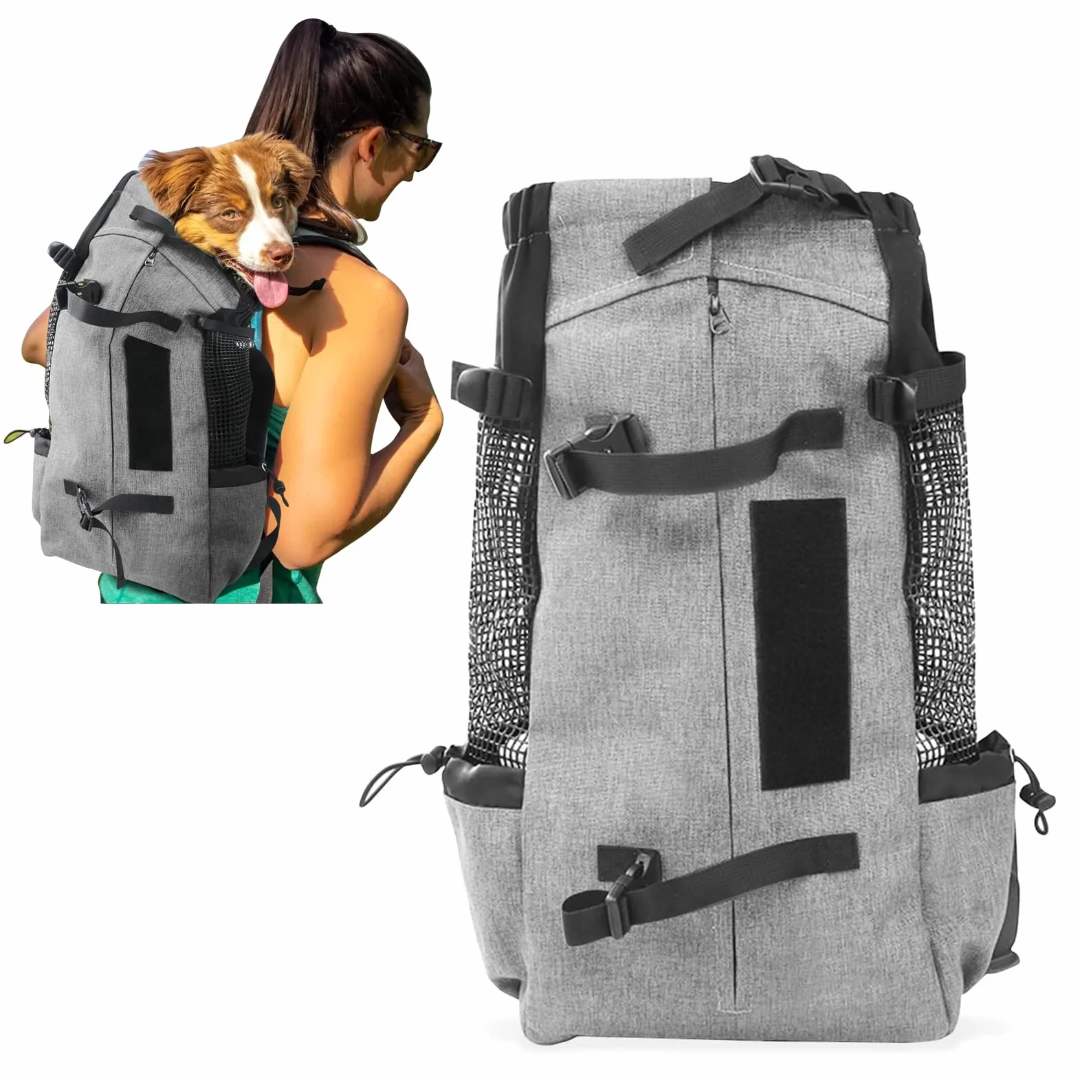 PETCUTE Zaino per cani gatti Borsa trasportino Trekking Regolabile Carico Massimo 16,5 kg Grigio