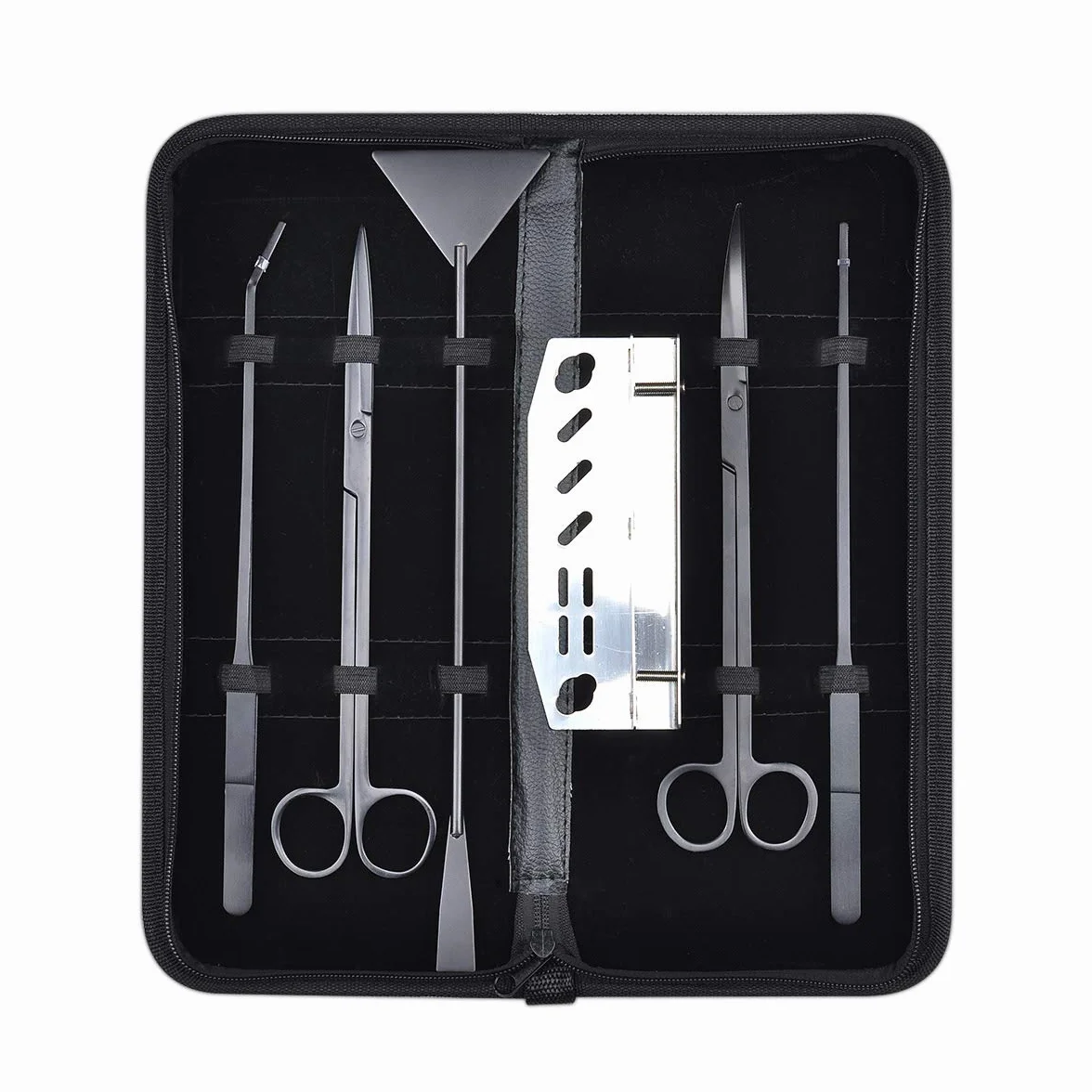 Kit 5 in 1 per acquario con forbici dritte e curve, spatola substrato, pinzette dritte e curve, set di attrezzi per piante acquatiche in acciaio inox, con supporto e custodia