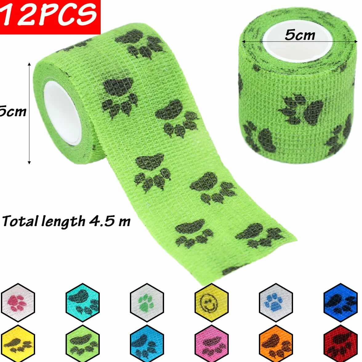 Benda autoadesiva per Animali Domestici, 12 Rotoli Bendaggio Coesivo Adesivo Bende Non Tessuto, Comodo e Traspirante, Coloratocon Benda Motivo Zampe Benda per Persone e Animali (5 cm x 4,5 m)