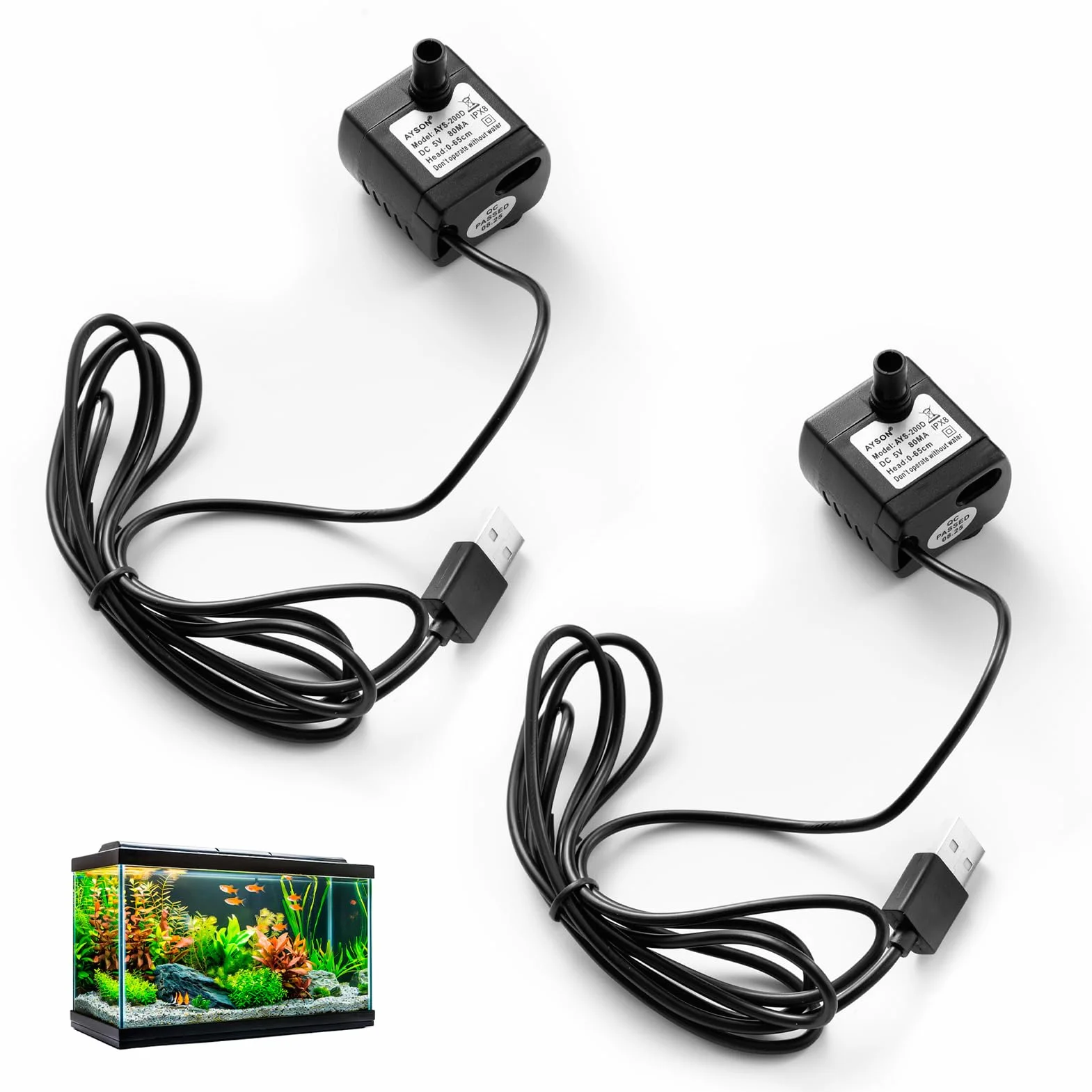 2 Pezzi Mini Pompa Acqua Sommergibile USB, DC 5 V 1 – 3 W 200 L/H Pompa Acqua USB, per Acquari, Fontane da Giardino, Stagni, Impianti Idroponici, Ultra Silenziosa, Portatile con Regolatore di Flusso