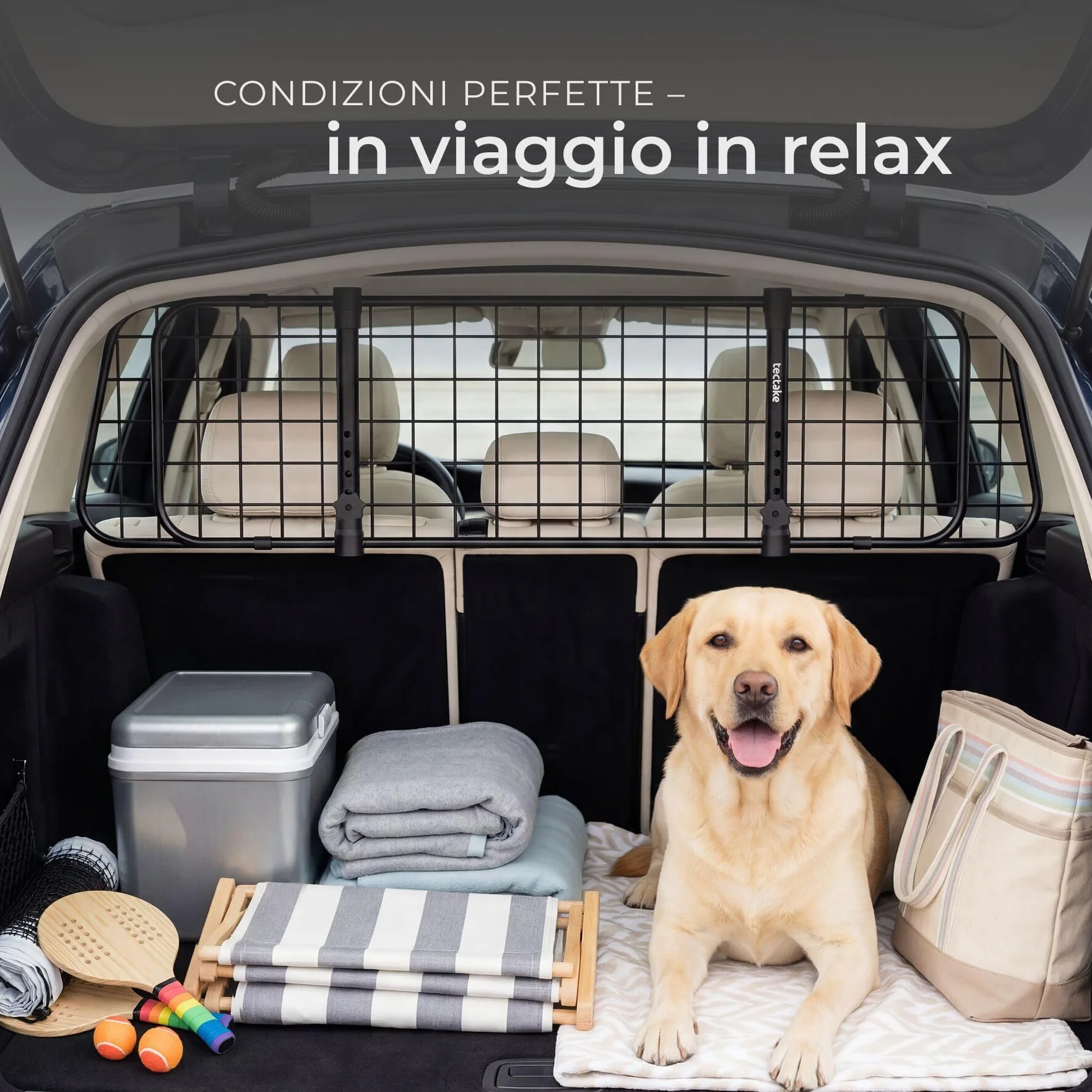 tectake® Griglia di Protezione per Cani Universale in Acciaio, Divisorio di Sicurezza per Cani Regolabile in Larghezza 91,5–154 cm, Rete Auto per Cani Universale con Sistema ad Incastro e 2 Cinture