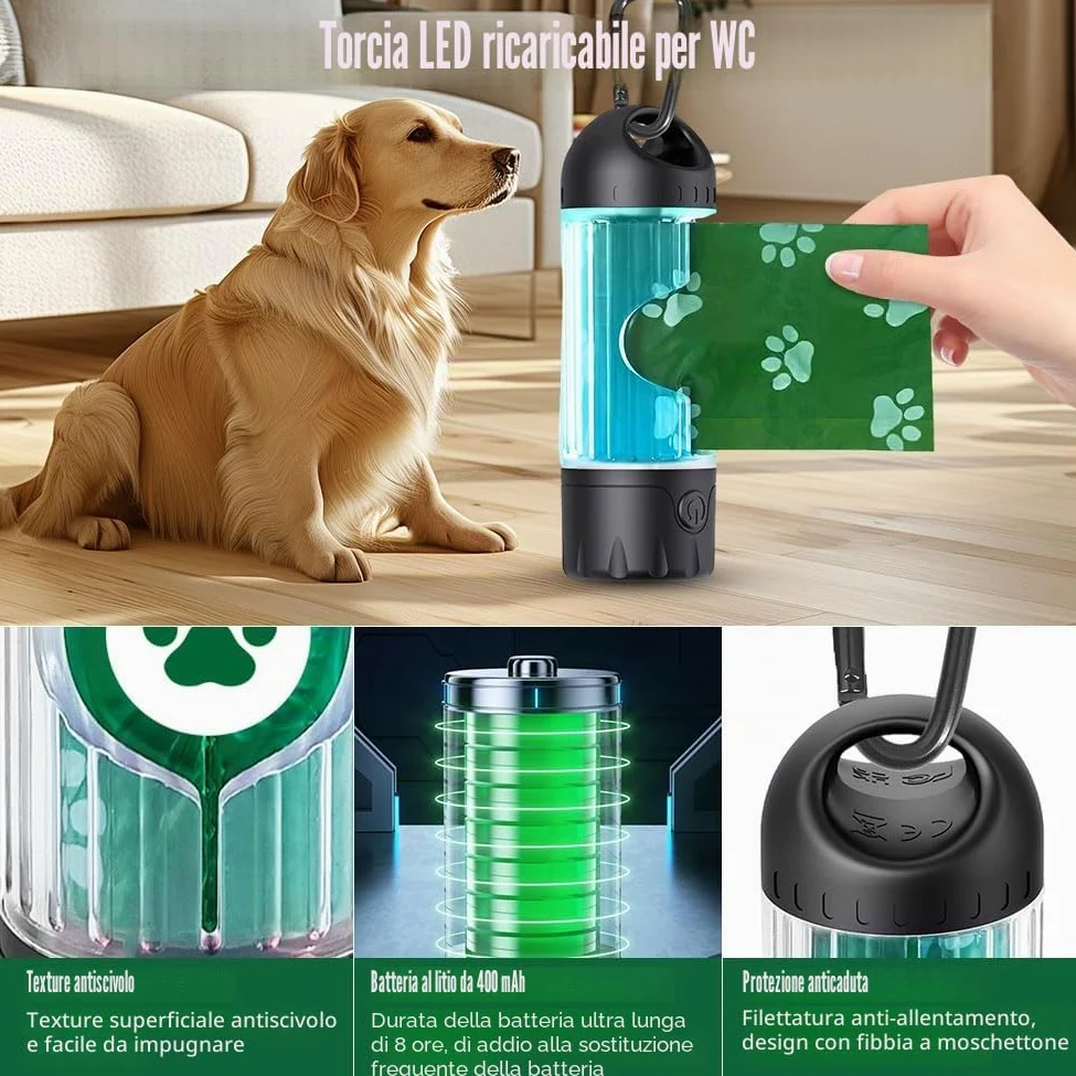 2025, dispenser di sacchetti per escrementi con torcia, IPX 6, impermeabile, con 7 colori, luce notturna USB-C ricaricabile, raccoglitore di escrementi per cani, dotato di sacchetti della spazzatura