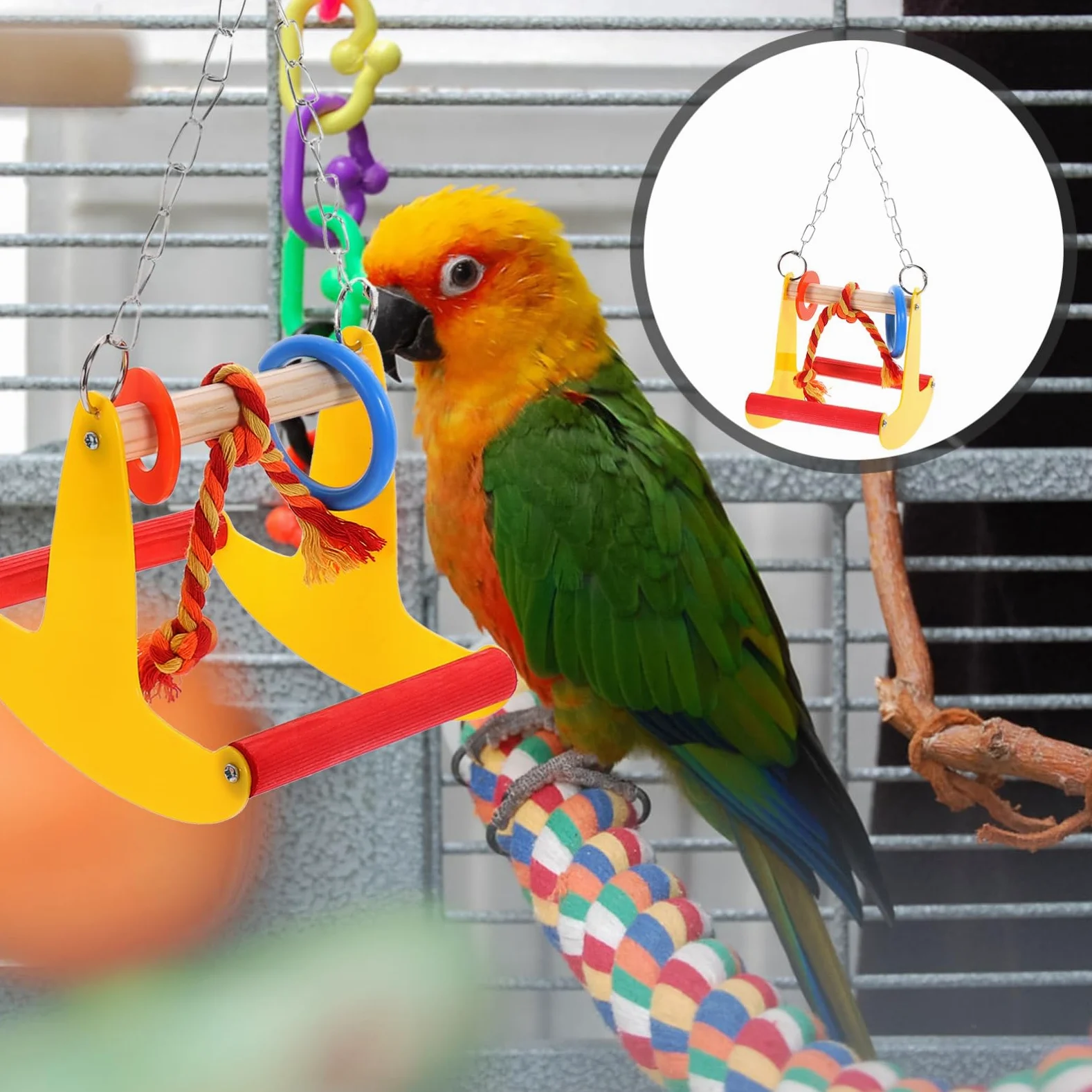 VANZACK 3pezzi Giocattolo Da Masticare Per Uccelli Altalena Creativa Per Pappagalli e Parrocchetti Accessorio Da Appendere Per Gabbie Colori Vivaci e Materiale Resistente