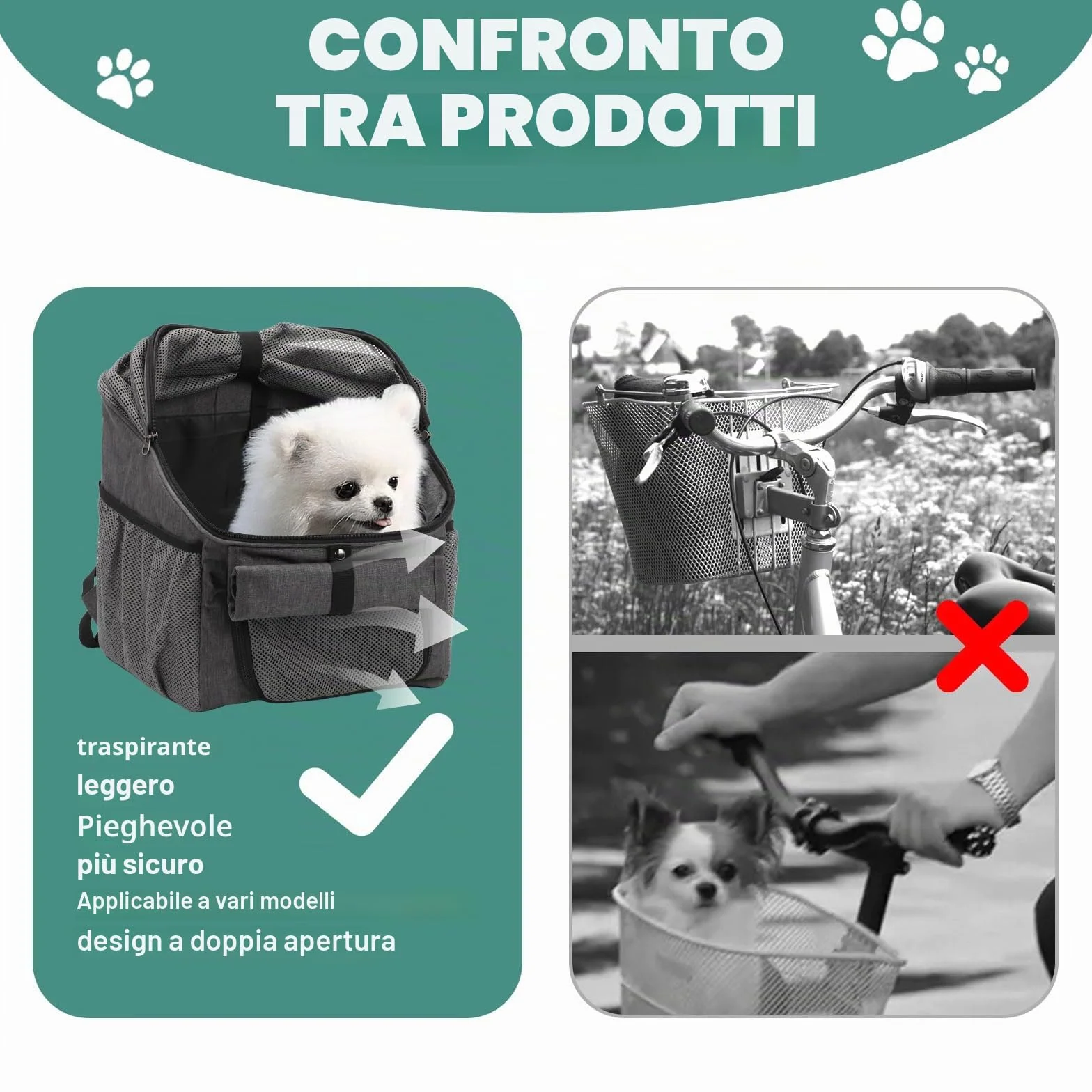 Cestino Bici anteriore, Cestino Bici Per Cani, Cestino Anteriore per Biciclettaper Animali, Anteriore per Bici Borsa a Mano con adattatore per manubrio, Pieghevole e Staccabile Cestino Multiuso