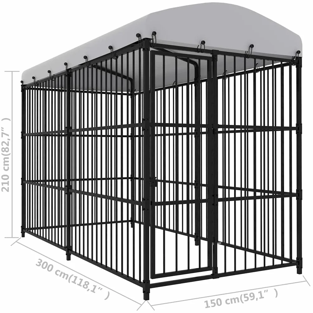 vidaXL Canile da Esterno con Tetto Robusta Sicura con Serratura Box Gabbia Protezione Recinzione per Cani 300x150x210 cm in Acciaio Zincato Nero