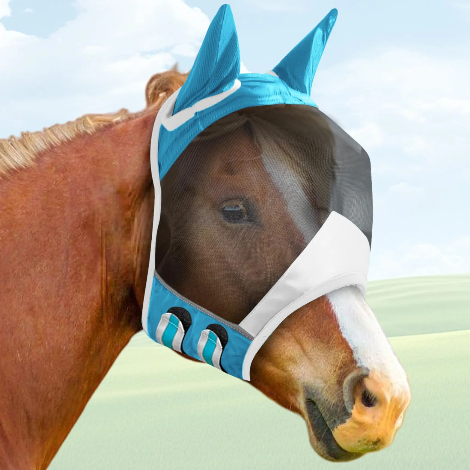 Maschera da mosche per cavallo con protezione UV e orecchie, rete traspirante