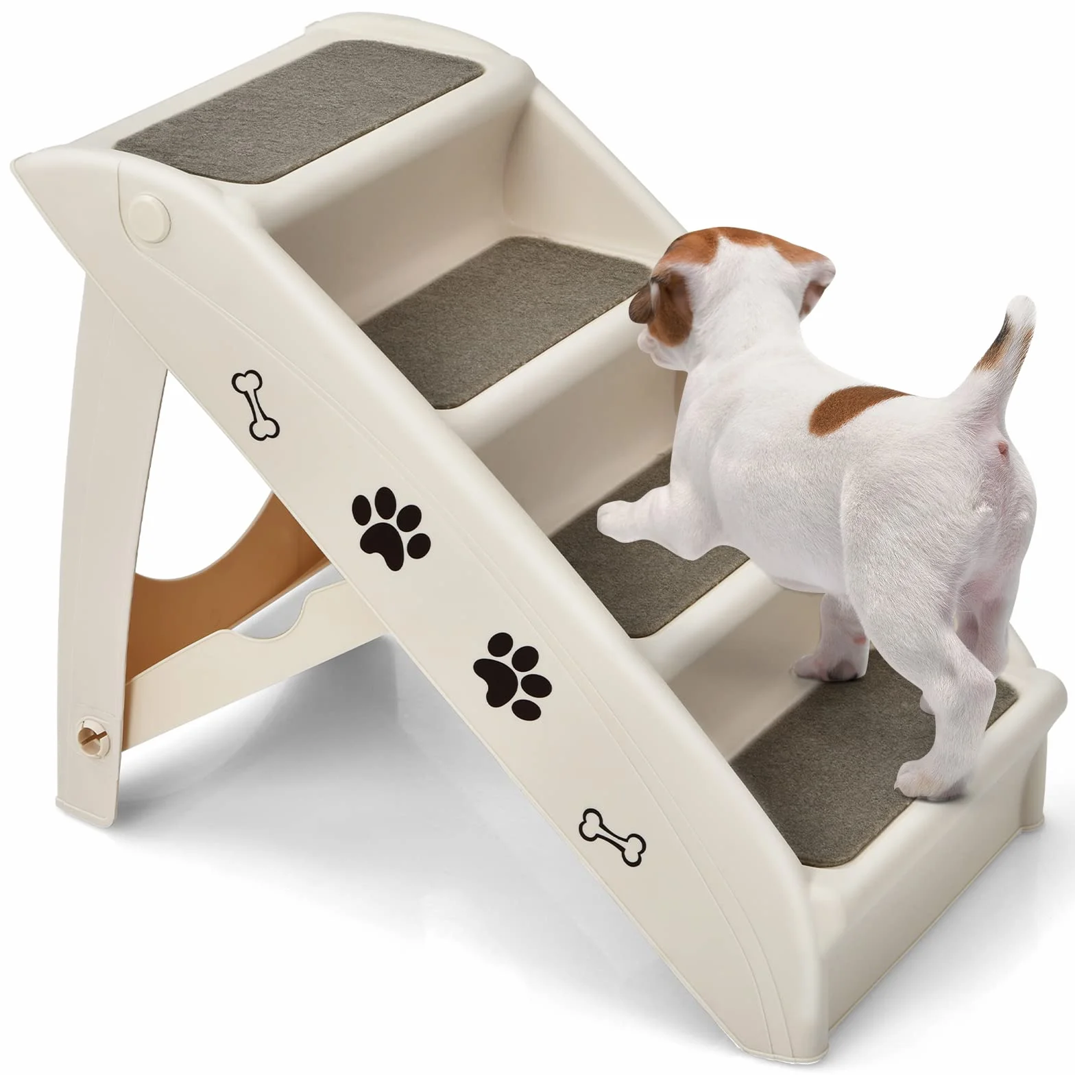 GYMAX Scaletta Pieghevole per Animali Domestici, Scaletta a 4 Gradini per Gatti e Cani in Plastica con Rivestimento Antiscivolo, Facile da Salire e Scendere, Carico di 60 kg, 62 x 38 x 50 cm (Beige)