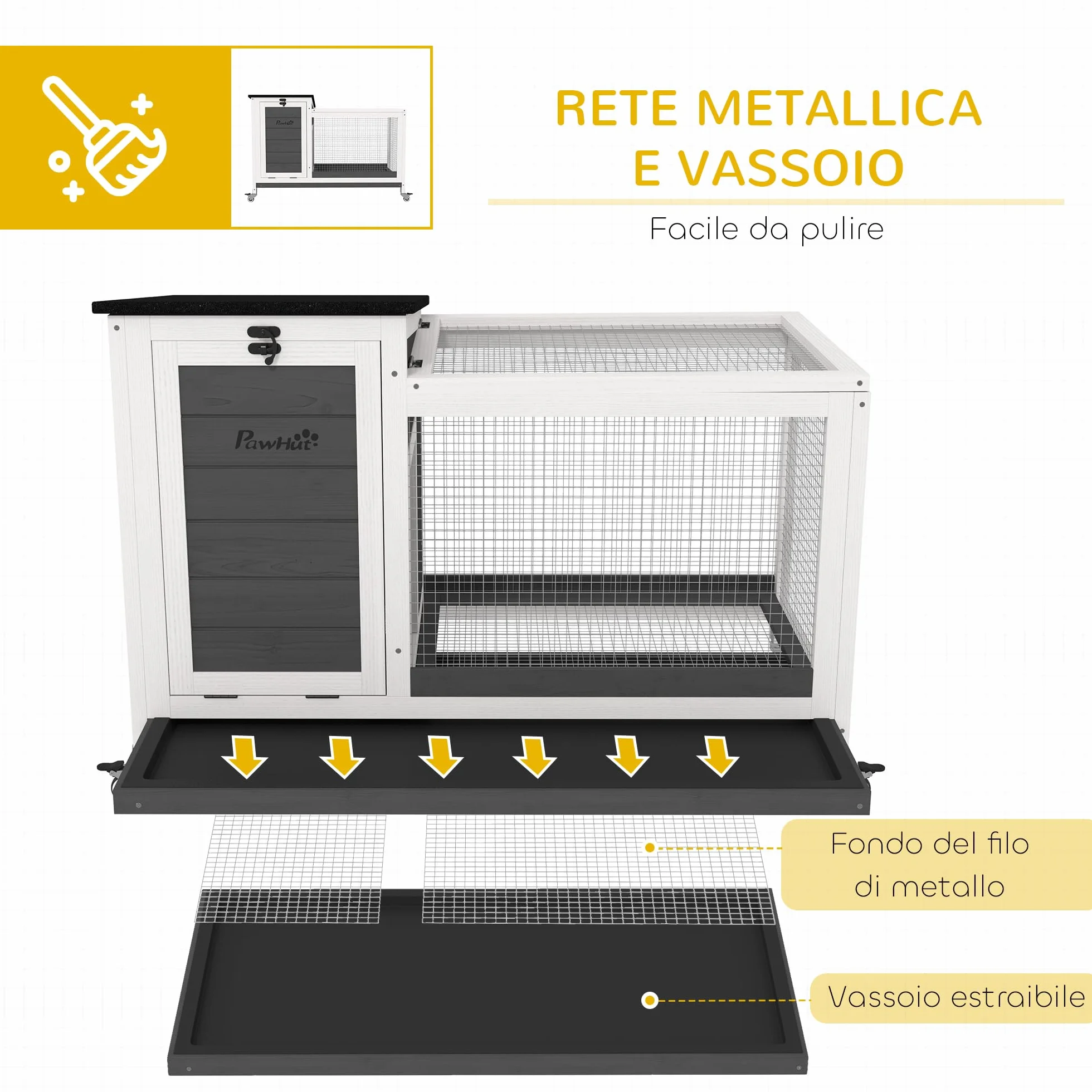 PawHut Conigliera da Esterno e Interno a Rotelle per 1-2 Conigli con Vassoio Estraibile e Ingressi Multipli, Casetta per Conigli in Legno di Abete e Acciaio, 91x51x66 cm, Grigio Bianco e Nero