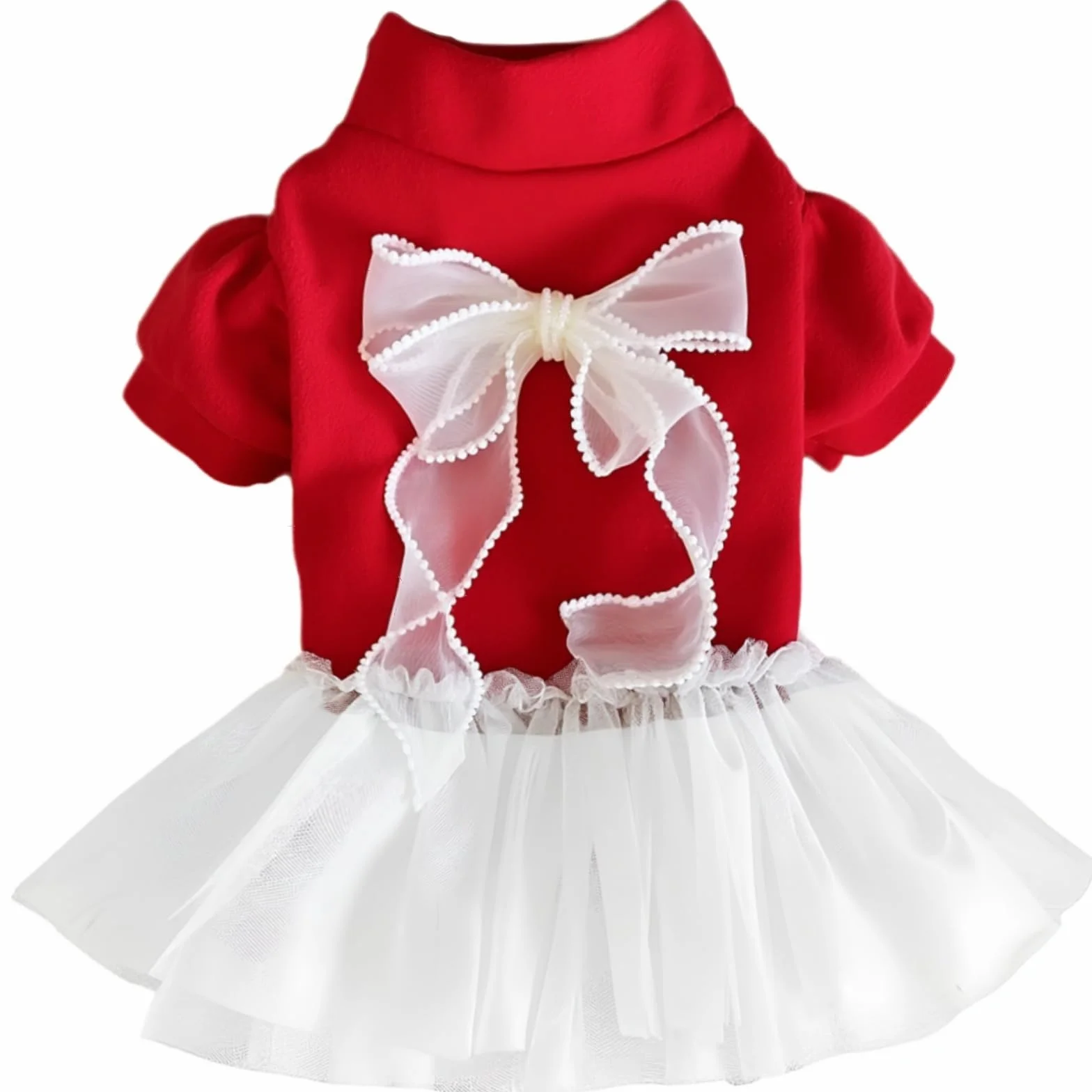 Vestito natalizio per animali domestici tulle rosso bianco fiocco cani gatti piccola taglia Rosso M 2.5-3.8kg