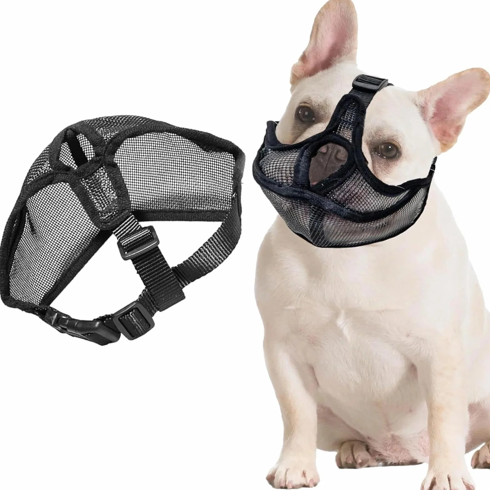 Museruola per Bulldog Francese e Cani a Muso Corto, Museruola per Bulldog Francese Muso Corto, Rete Regolabile per la respirazione, Anti mordere, abbaiare(M, Nero)