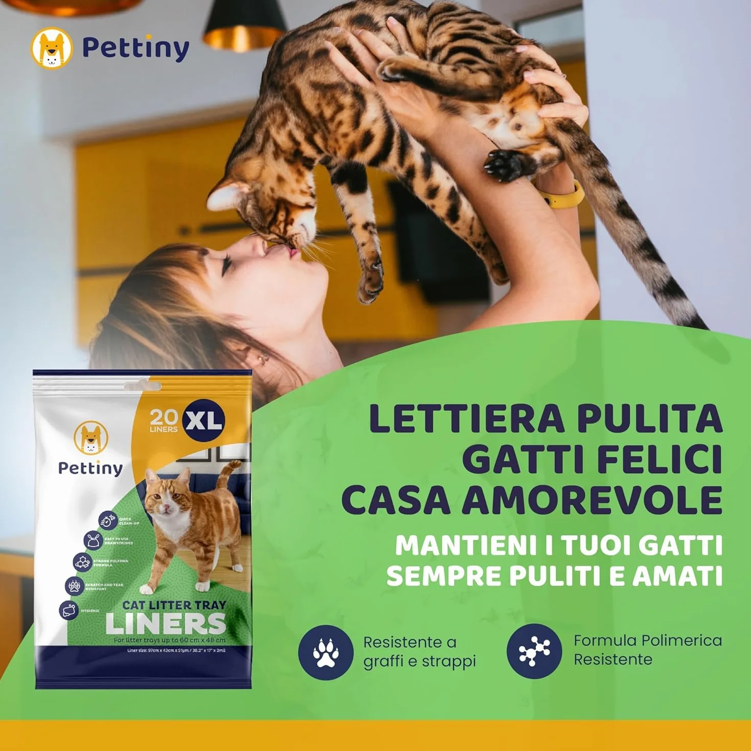 Pettiny 20 Sacchetti XL per Lettiera per Gatti con Coulisse Sacchi Resistenti ai Graffi per Cassetta Igienica Grande