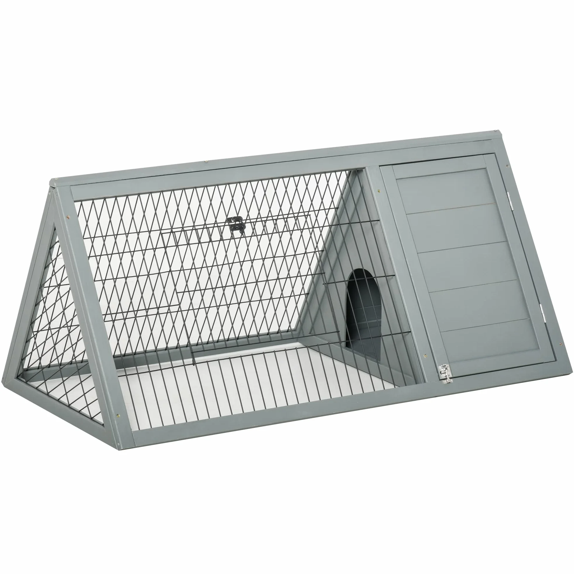 PawHut Conigliera triangolare a terra da esterno con doppia porta in nicchia adatta per conigli galline tartarughe terrestri dim. 116L x 62,2L x 52,5H cm legno massiccio pino grigio