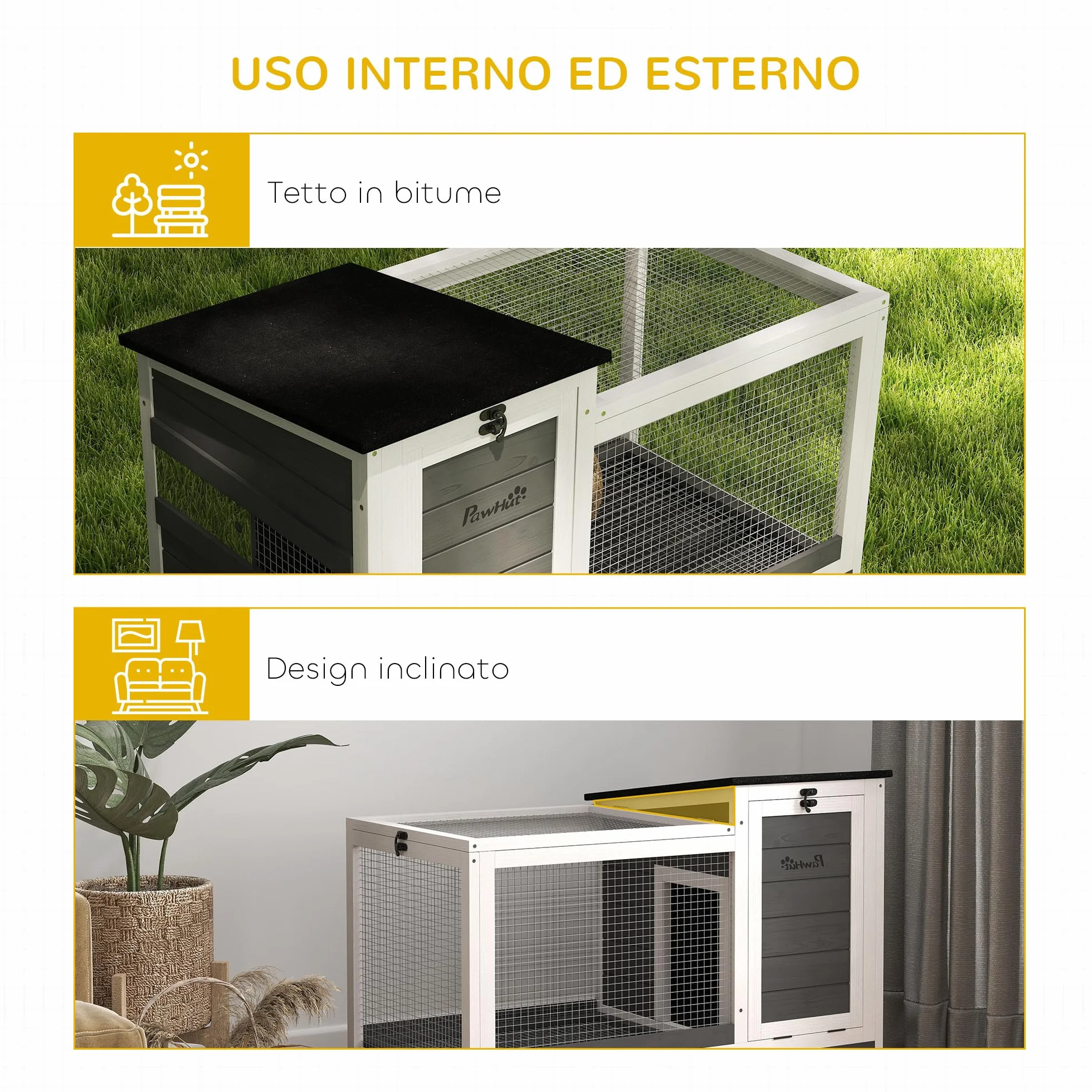 PawHut Conigliera da Esterno e Interno a Rotelle per 1-2 Conigli con Vassoio Estraibile e Ingressi Multipli, Casetta per Conigli in Legno di Abete e Acciaio, 91x51x66 cm, Grigio Bianco e Nero