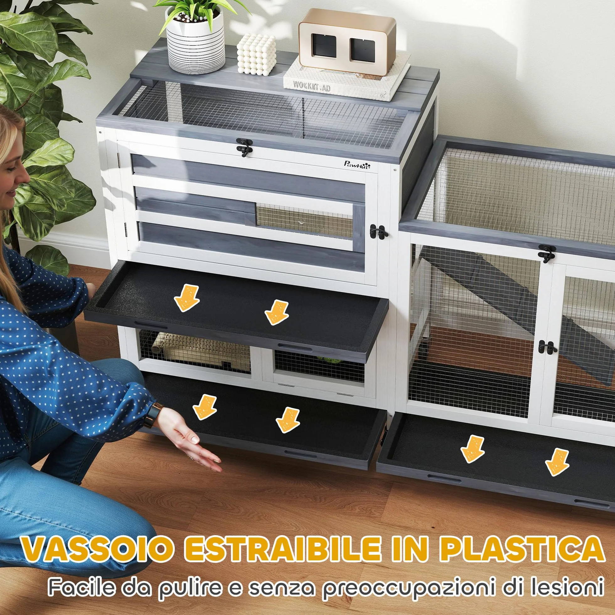 PawHut Conigliera da Interno a 2 Livelli, Gabbia per 2-3 Conigli con 6 Ruote, Rampa, Tetto Apribile, Area Aperta e 3 Vassoi, Cassetta per Conigli in Legno di Abete, 147x45x89.5 cm, Grigio