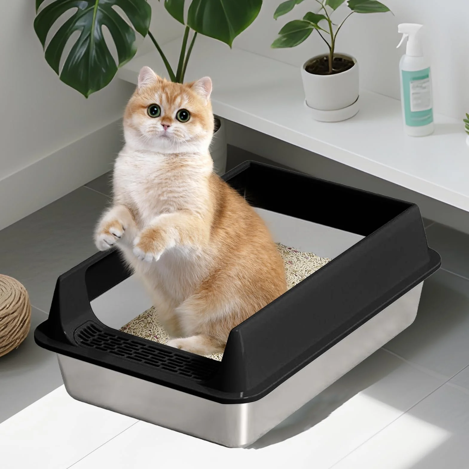 Lettiera In Acciaio Inossidabile - Lettiera Per Gatto In Acciaio | Scatole Di Lette Di Metallo | Contenitore Di Gattini A Faccia In Alto Con Scoop | Per Animali Domestici Facilmente Puliti P